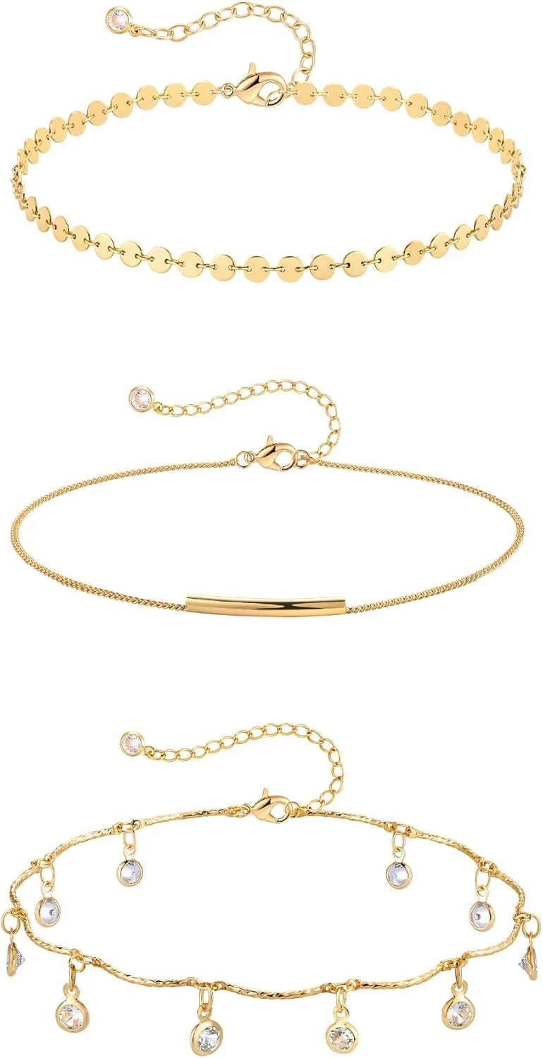 Anklet Bracelets for Women 14K Gold Jewelry Set Waterproof Layered Tennis Satellite Link Chain Anklets Set Gold Anklets Adjustable Size 3pc
