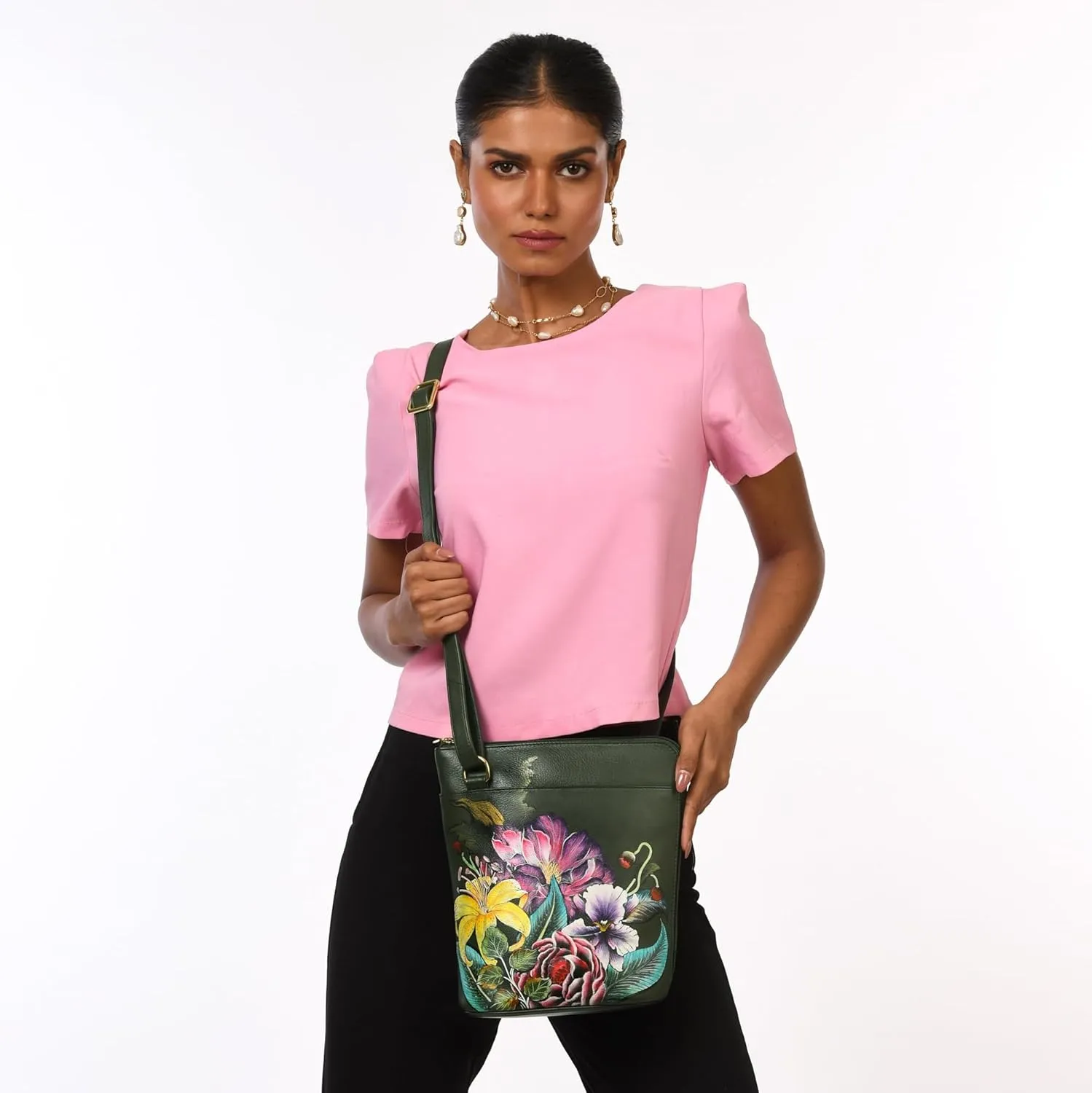 Anuschka Womens Original Genuine Leather Hand-Painted Organizer Crossbody with Extended Side Zipper and Adjustable Strap