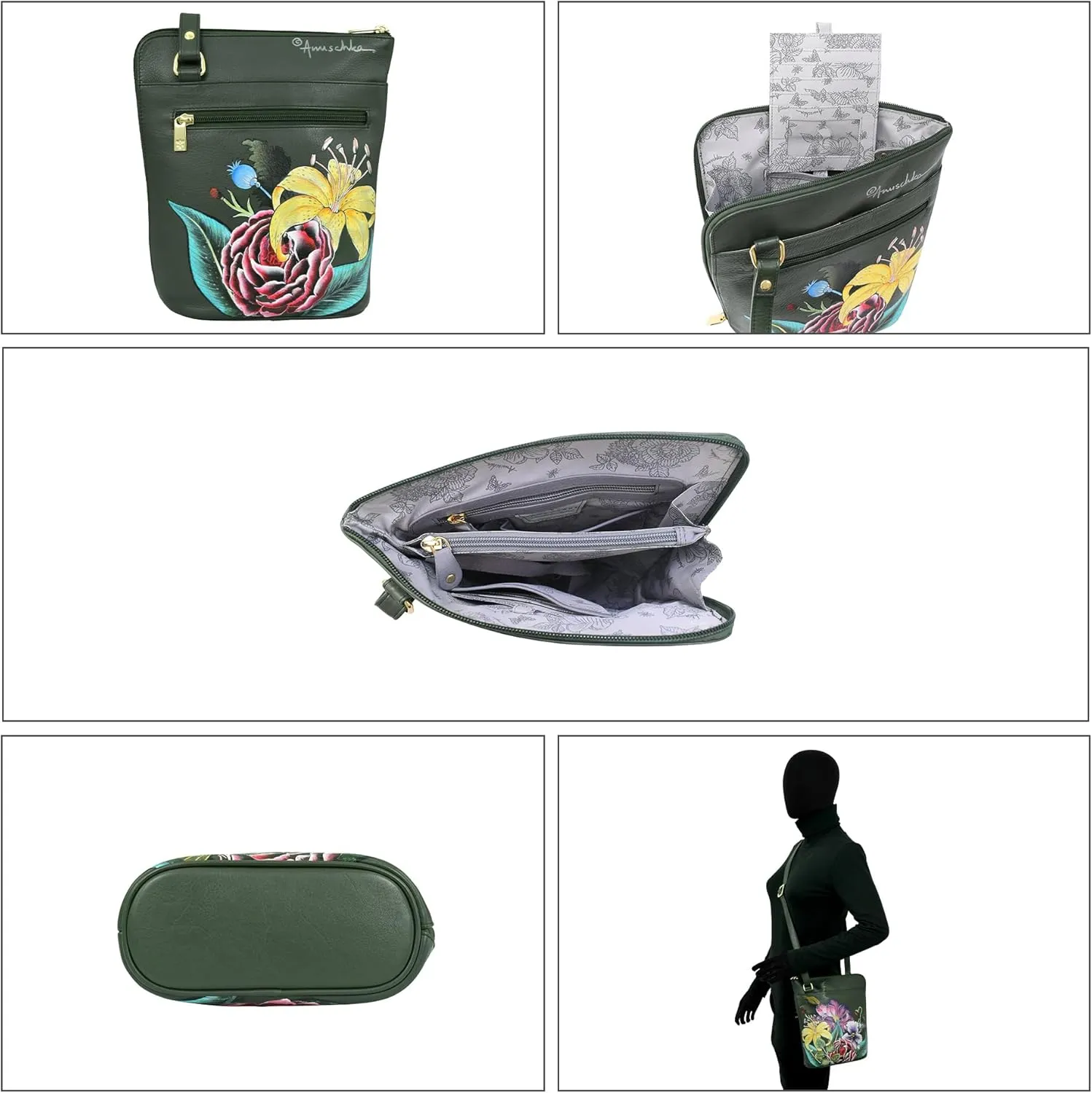 Anuschka Womens Original Genuine Leather Hand-Painted Organizer Crossbody with Extended Side Zipper and Adjustable Strap