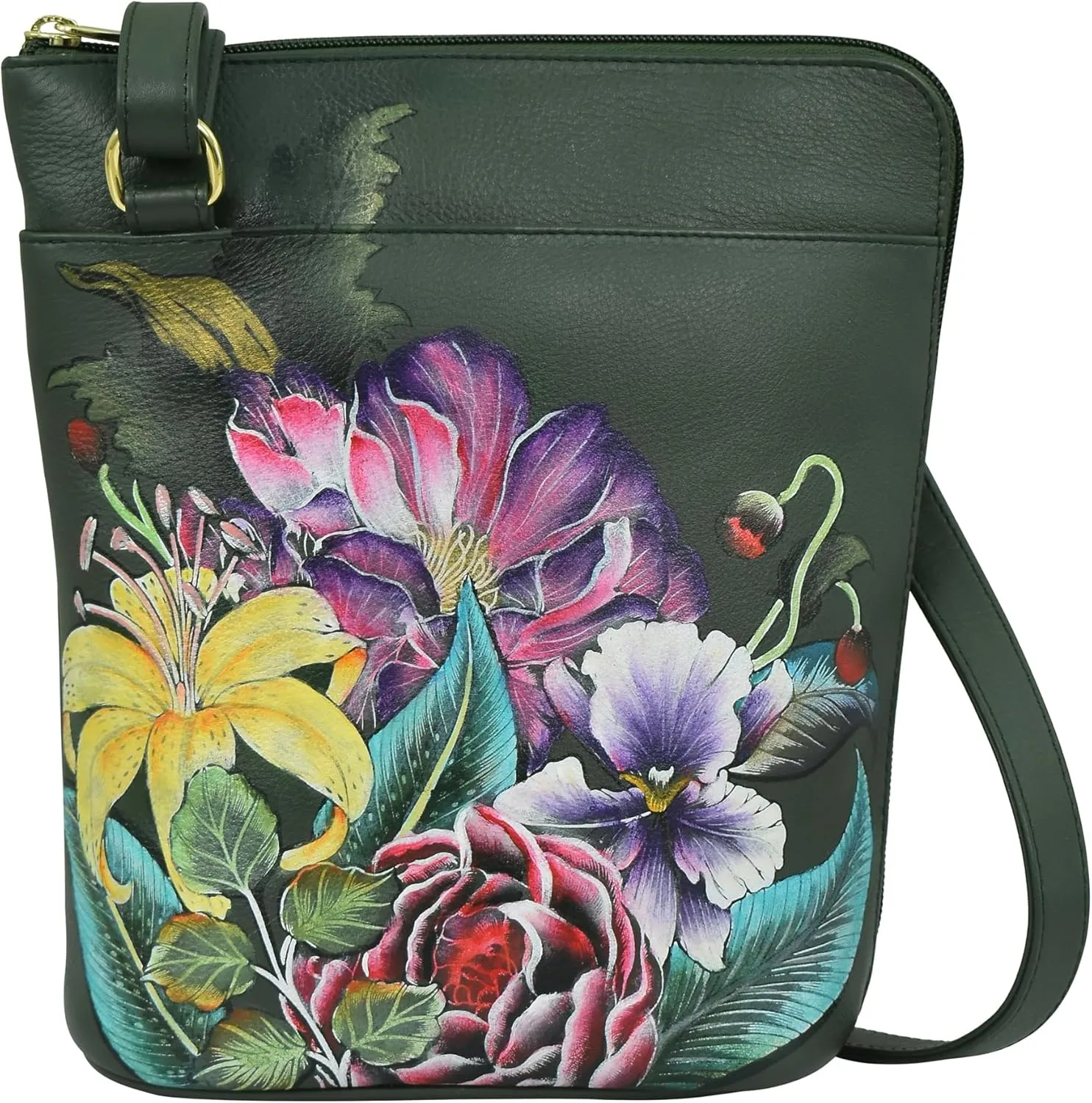Anuschka Womens Original Genuine Leather Hand-Painted Organizer Crossbody with Extended Side Zipper and Adjustable Strap
