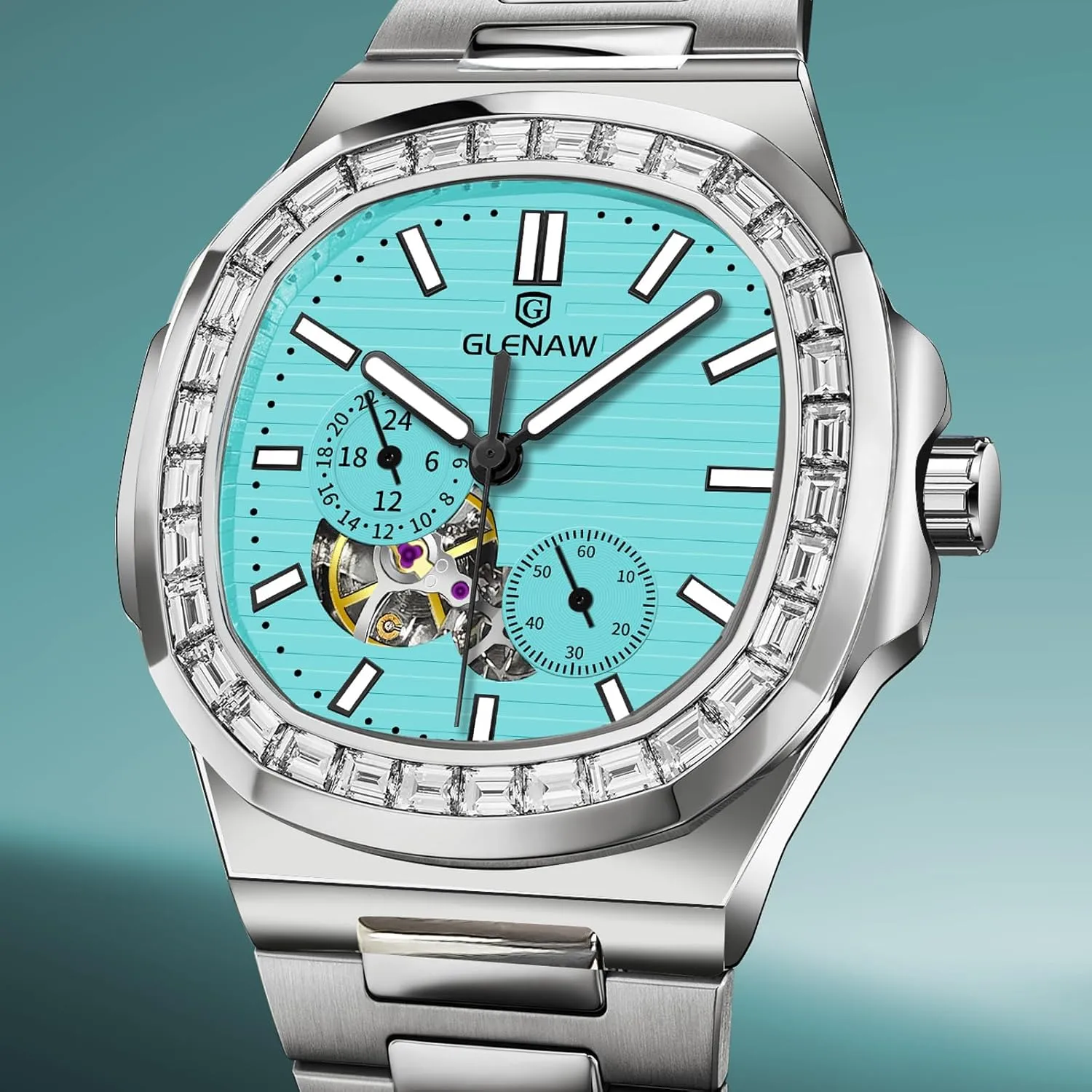 Automatic Tourbillon Watches for Men, Square Skeleton Watch Stainless Steel Self-Winding Mechanical Watch Wrist Watch