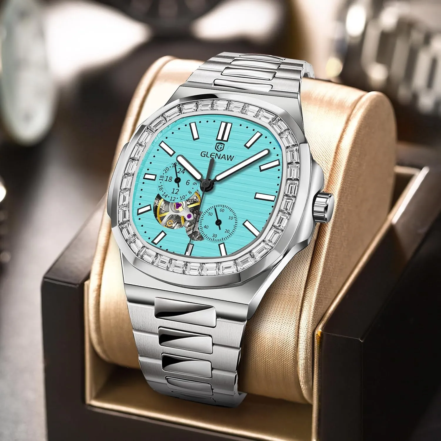 Automatic Tourbillon Watches for Men, Square Skeleton Watch Stainless Steel Self-Winding Mechanical Watch Wrist Watch
