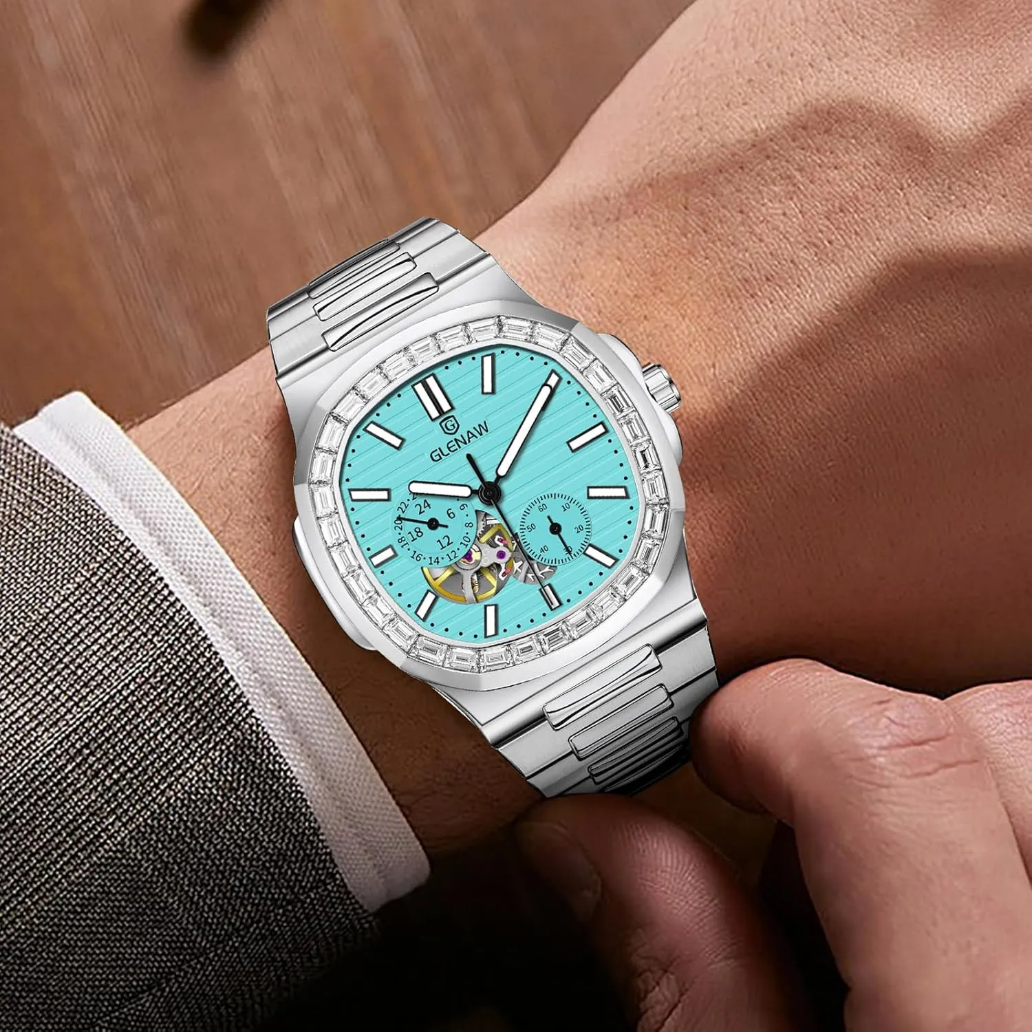 Automatic Tourbillon Watches for Men, Square Skeleton Watch Stainless Steel Self-Winding Mechanical Watch Wrist Watch
