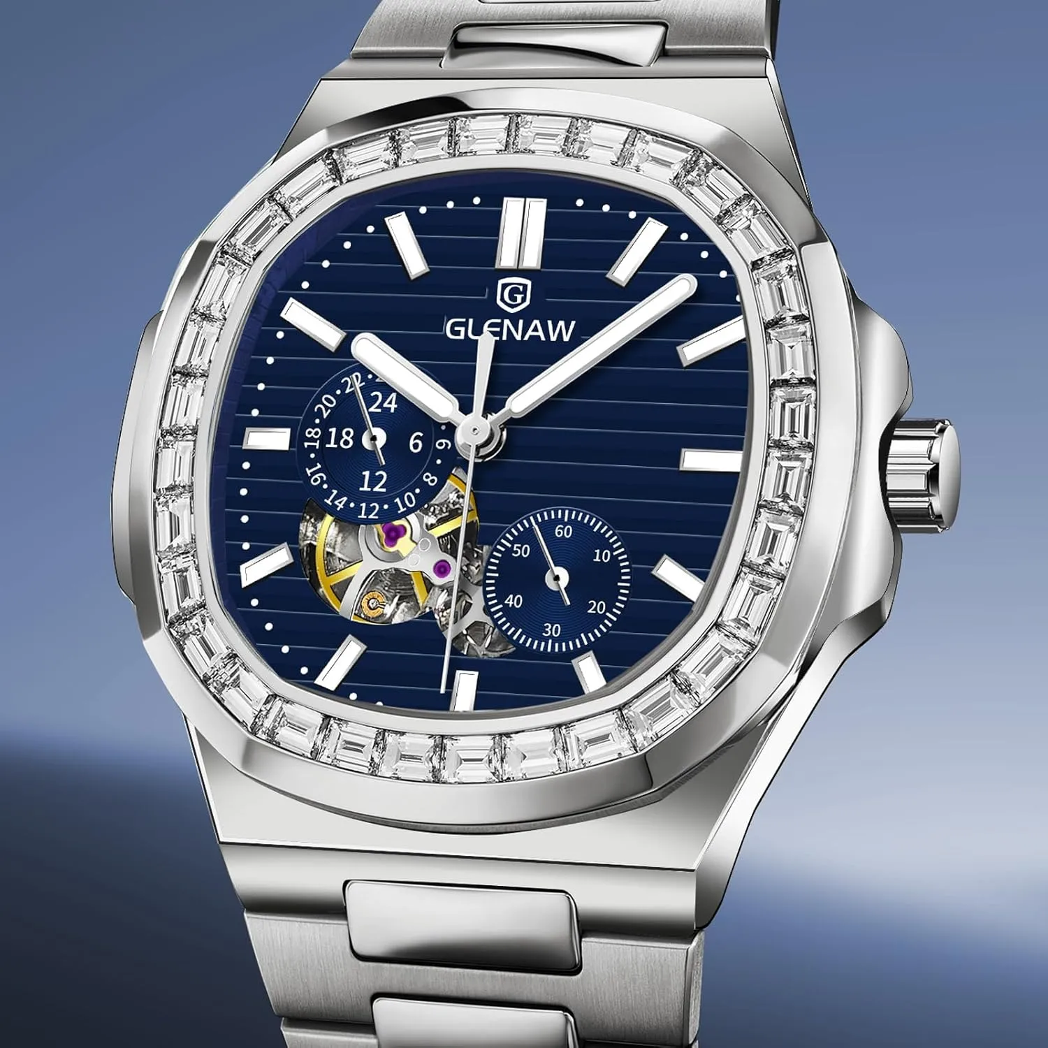 Automatic Tourbillon Watches for Men, Square Skeleton Watch Stainless Steel Self-Winding Mechanical Watch Wrist Watch