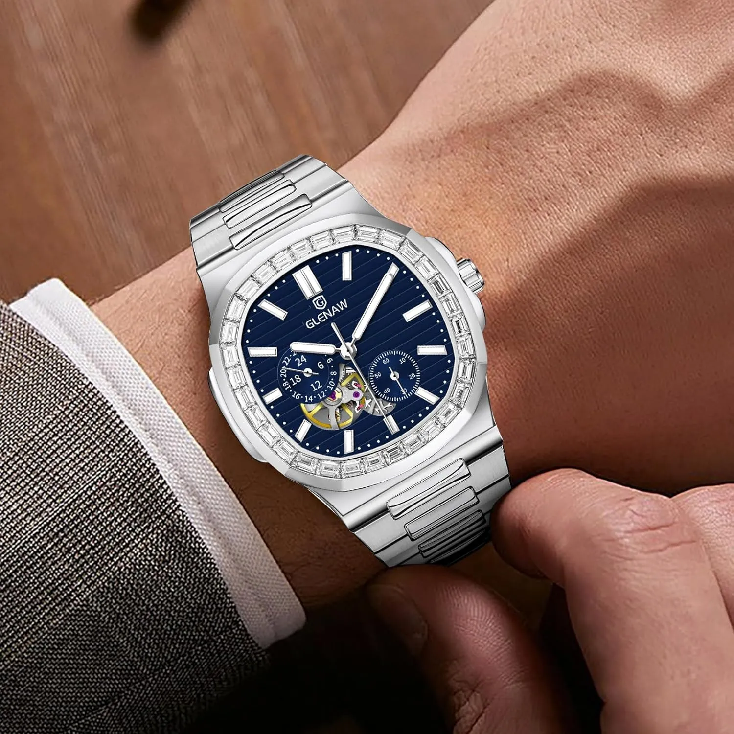 Automatic Tourbillon Watches for Men, Square Skeleton Watch Stainless Steel Self-Winding Mechanical Watch Wrist Watch