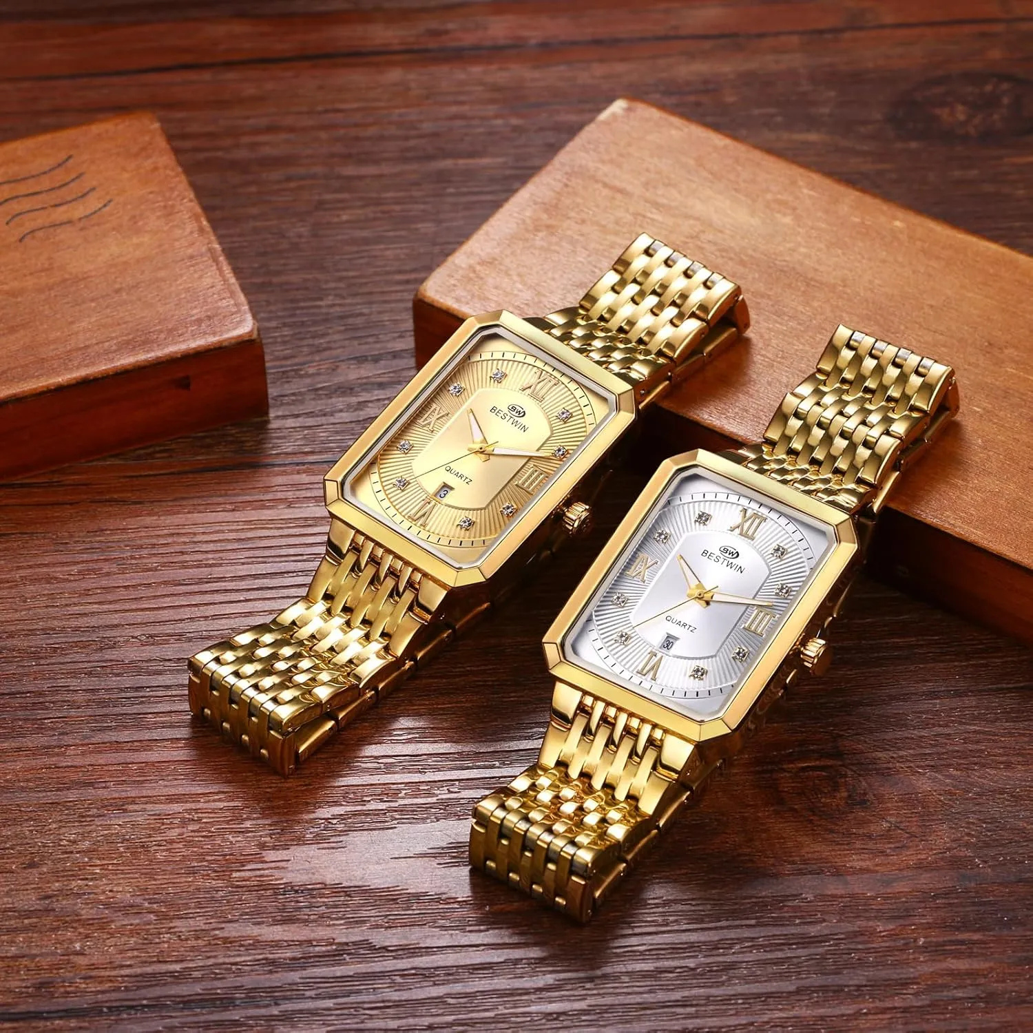 Avaner Men's Square Gold Watches: Stainless Steel Strap Analog Quartz Wristwatch with Calendar Luminous Pointer