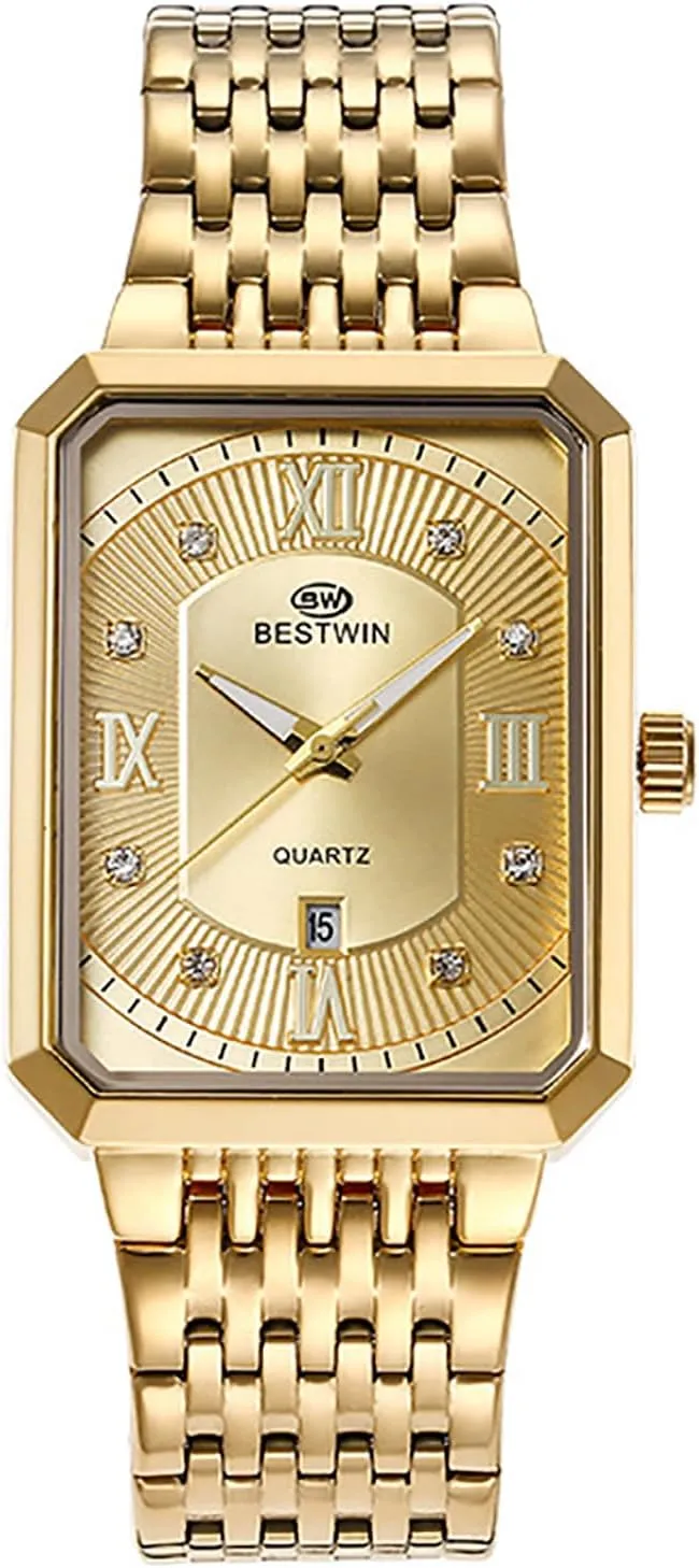 Avaner Men's Square Gold Watches: Stainless Steel Strap Analog Quartz Wristwatch with Calendar Luminous Pointer