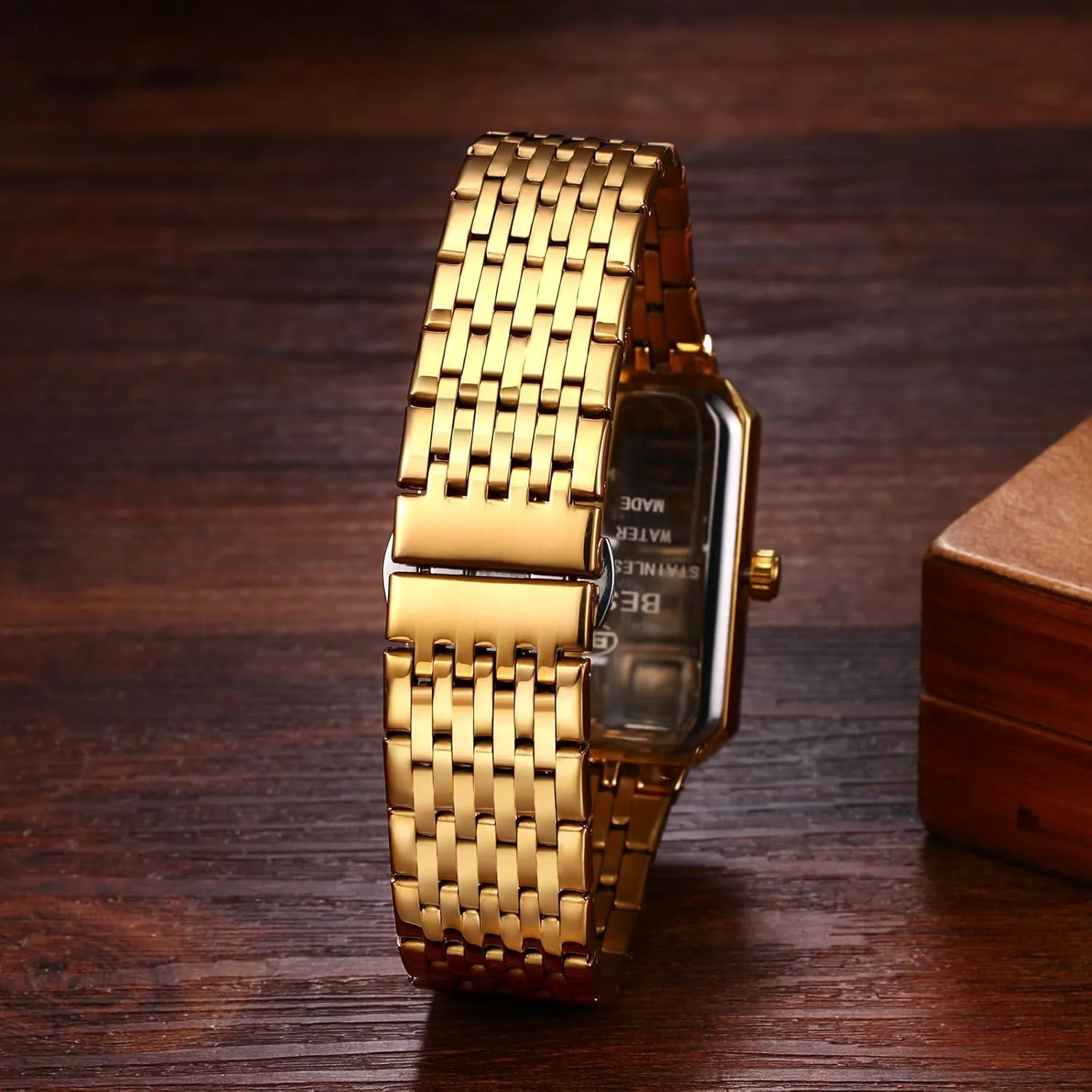 Avaner Men's Square Gold Watches: Stainless Steel Strap Analog Quartz Wristwatch with Calendar Luminous Pointer