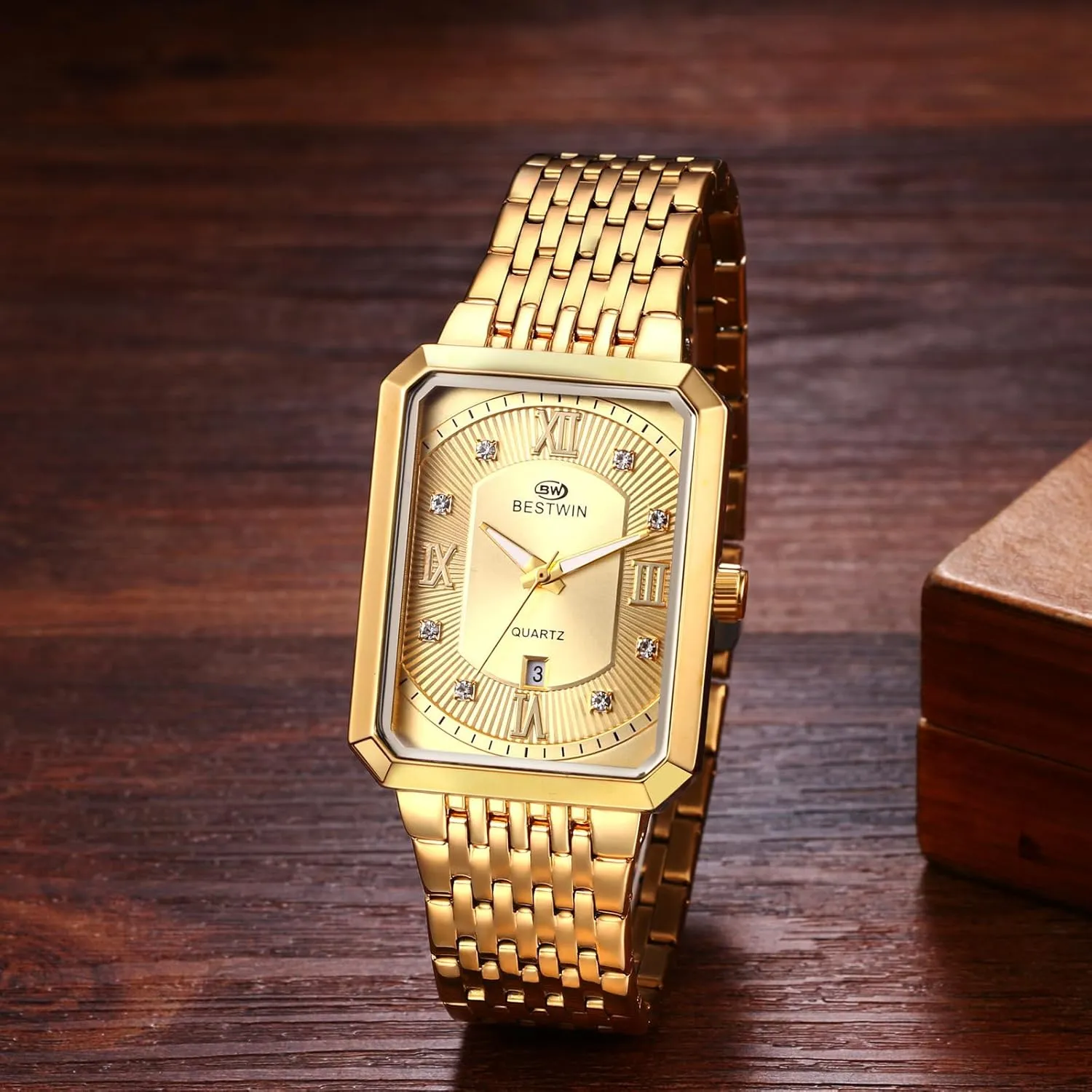 Avaner Men's Square Gold Watches: Stainless Steel Strap Analog Quartz Wristwatch with Calendar Luminous Pointer