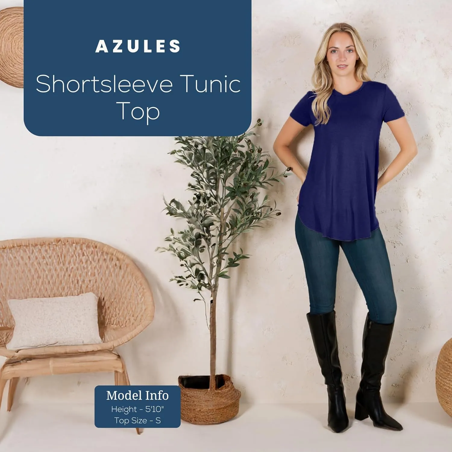 Azules Short Sleeve Tunic Tops for Women - Scoop Neck Tops Ladies Flowy Dressy Shirts Outfits for Leggings