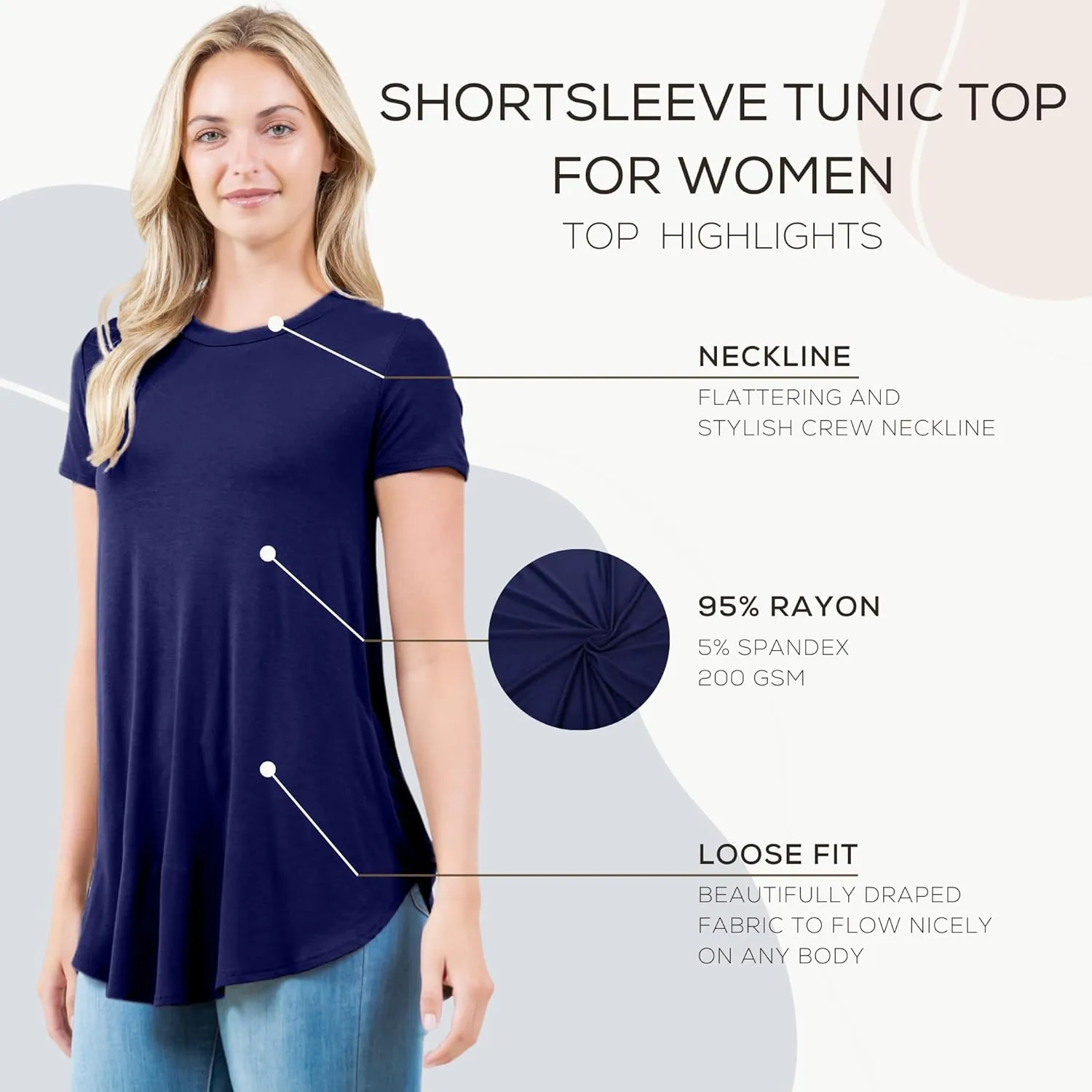 Azules Short Sleeve Tunic Tops for Women - Scoop Neck Tops Ladies Flowy Dressy Shirts Outfits for Leggings