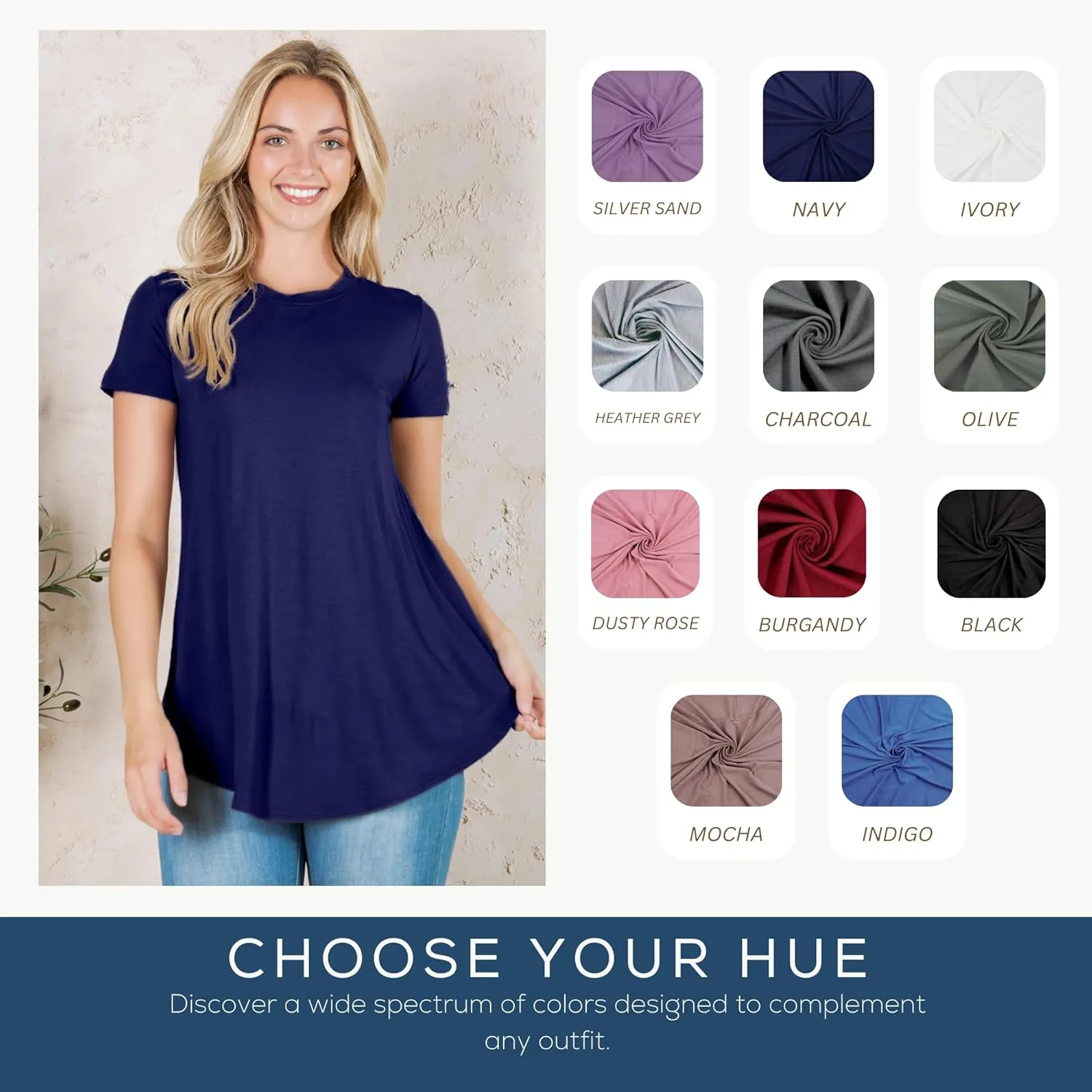 Azules Short Sleeve Tunic Tops for Women - Scoop Neck Tops Ladies Flowy Dressy Shirts Outfits for Leggings