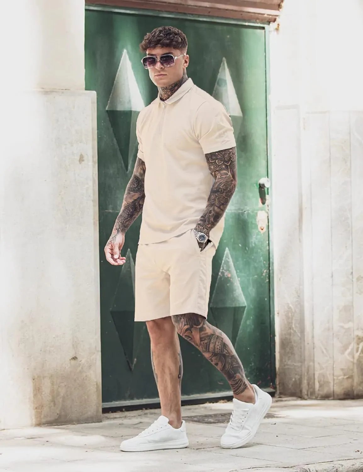 Babioboa Men's Short Sleeve Polo Shirt & Shorts set Summer Two Piece Outfits 3 Pockets zip Tracksuit Casual Athletic Sports