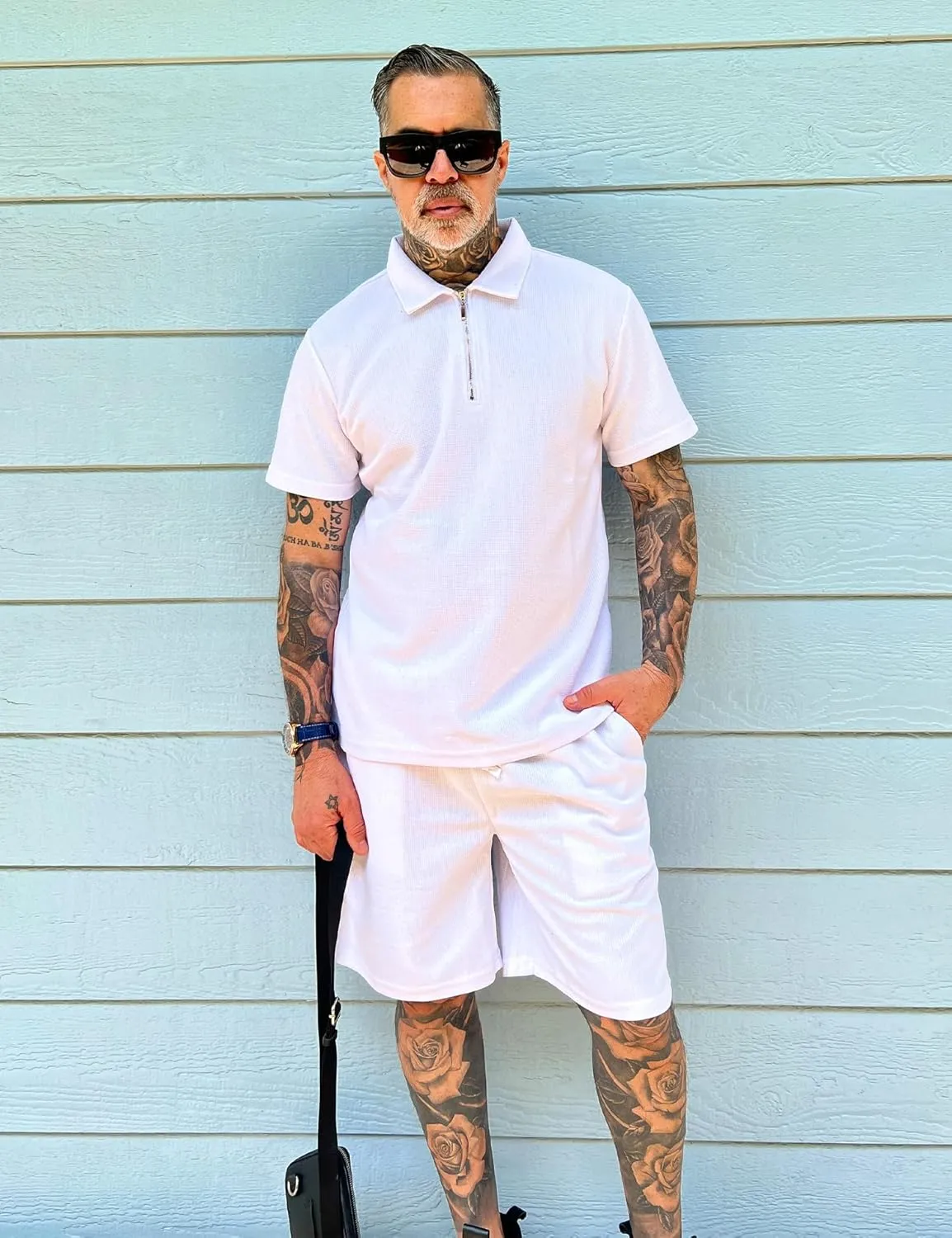 Babioboa Men's Short Sleeve Polo Shirt & Shorts set Summer Two Piece Outfits 3 Pockets zip Tracksuit Casual Athletic Sports