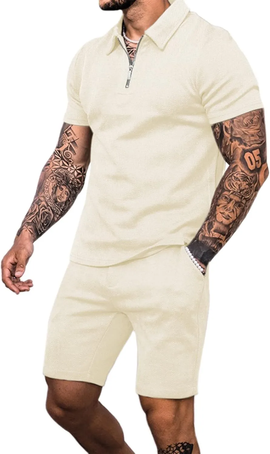 Babioboa Men's Short Sleeve Polo Shirt & Shorts set Summer Two Piece Outfits 3 Pockets zip Tracksuit Casual Athletic Sports