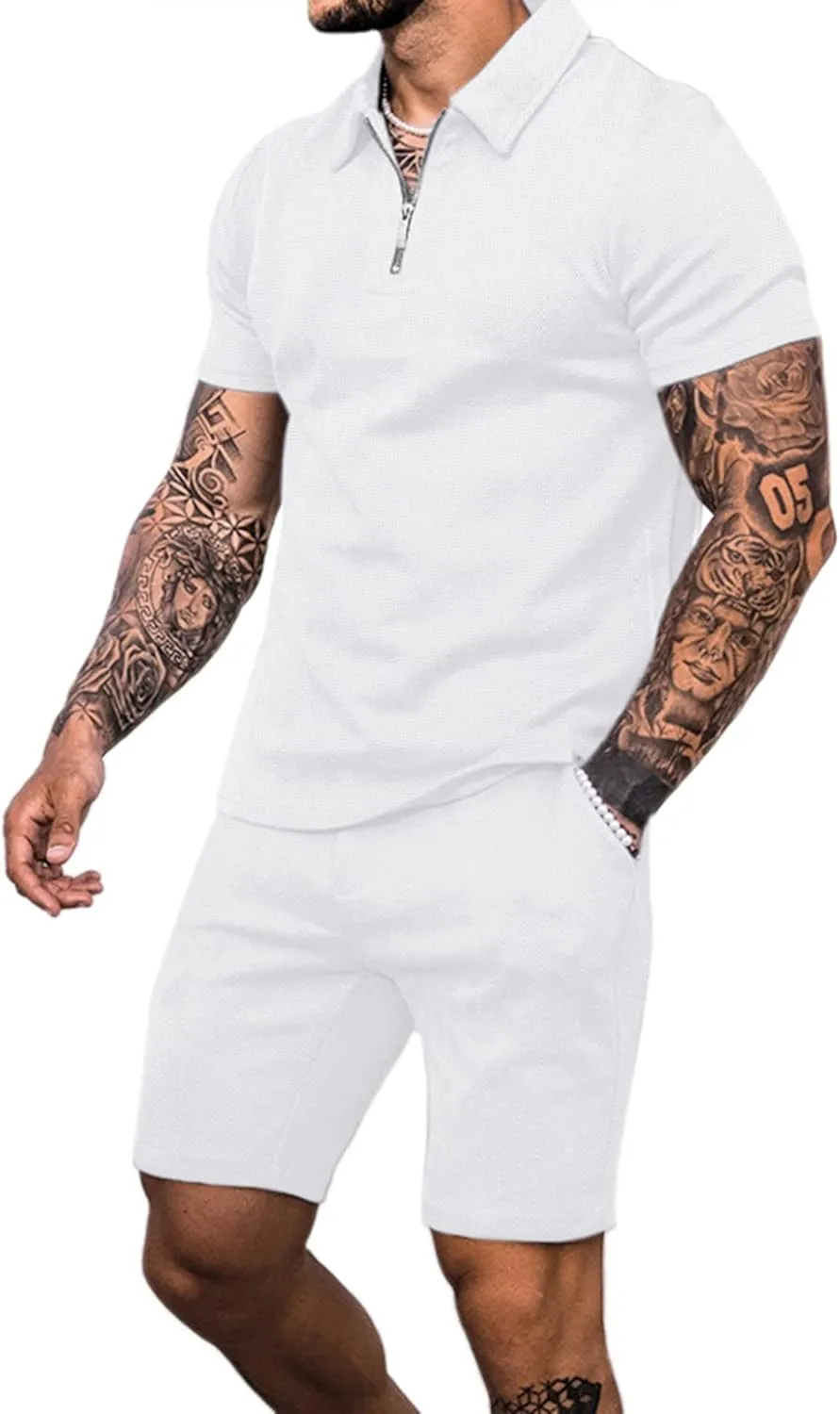 Babioboa Men's Short Sleeve Polo Shirt & Shorts set Summer Two Piece Outfits 3 Pockets zip Tracksuit Casual Athletic Sports