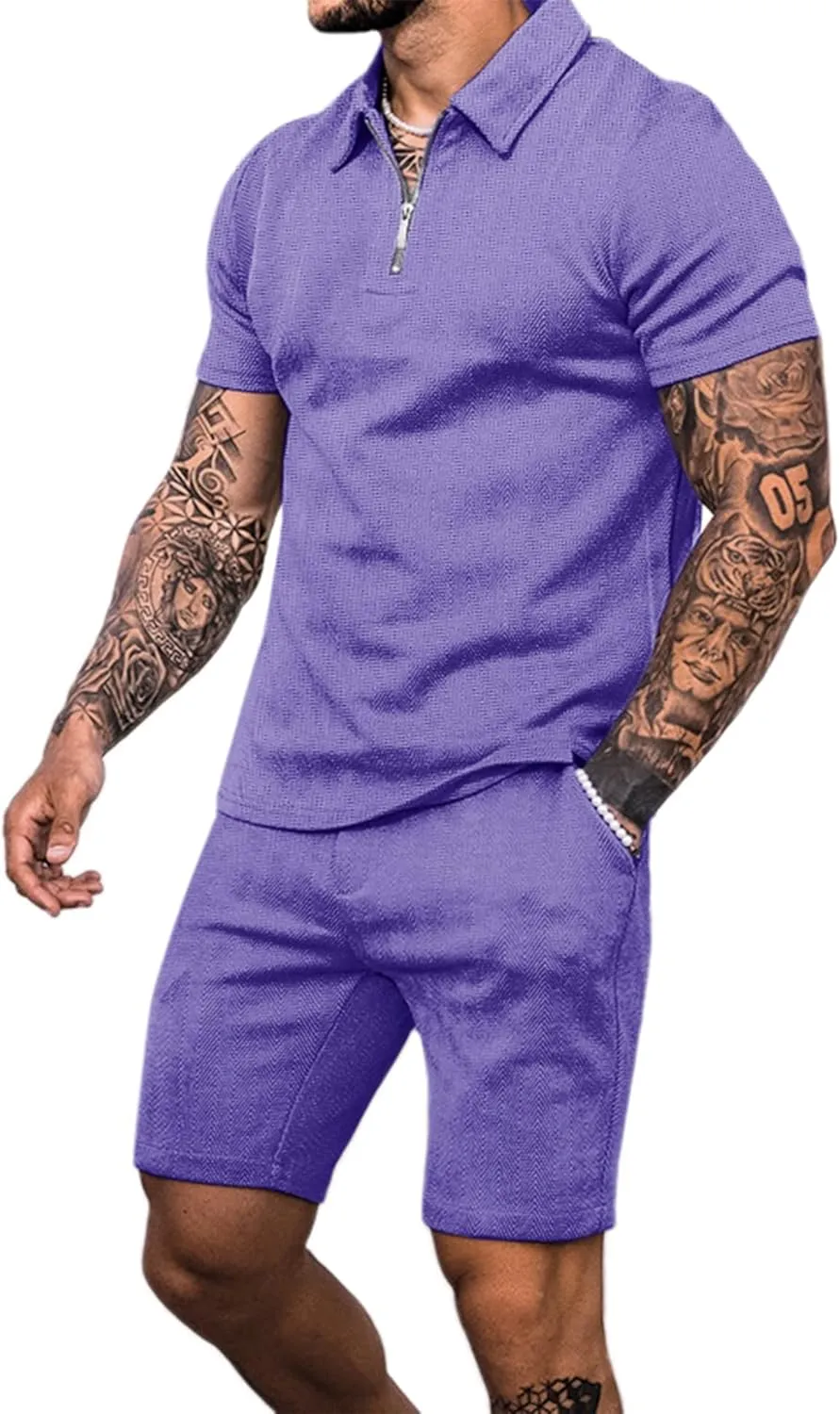 Babioboa Men's Short Sleeve Polo Shirt & Shorts set Summer Two Piece Outfits 3 Pockets zip Tracksuit Casual Athletic Sports