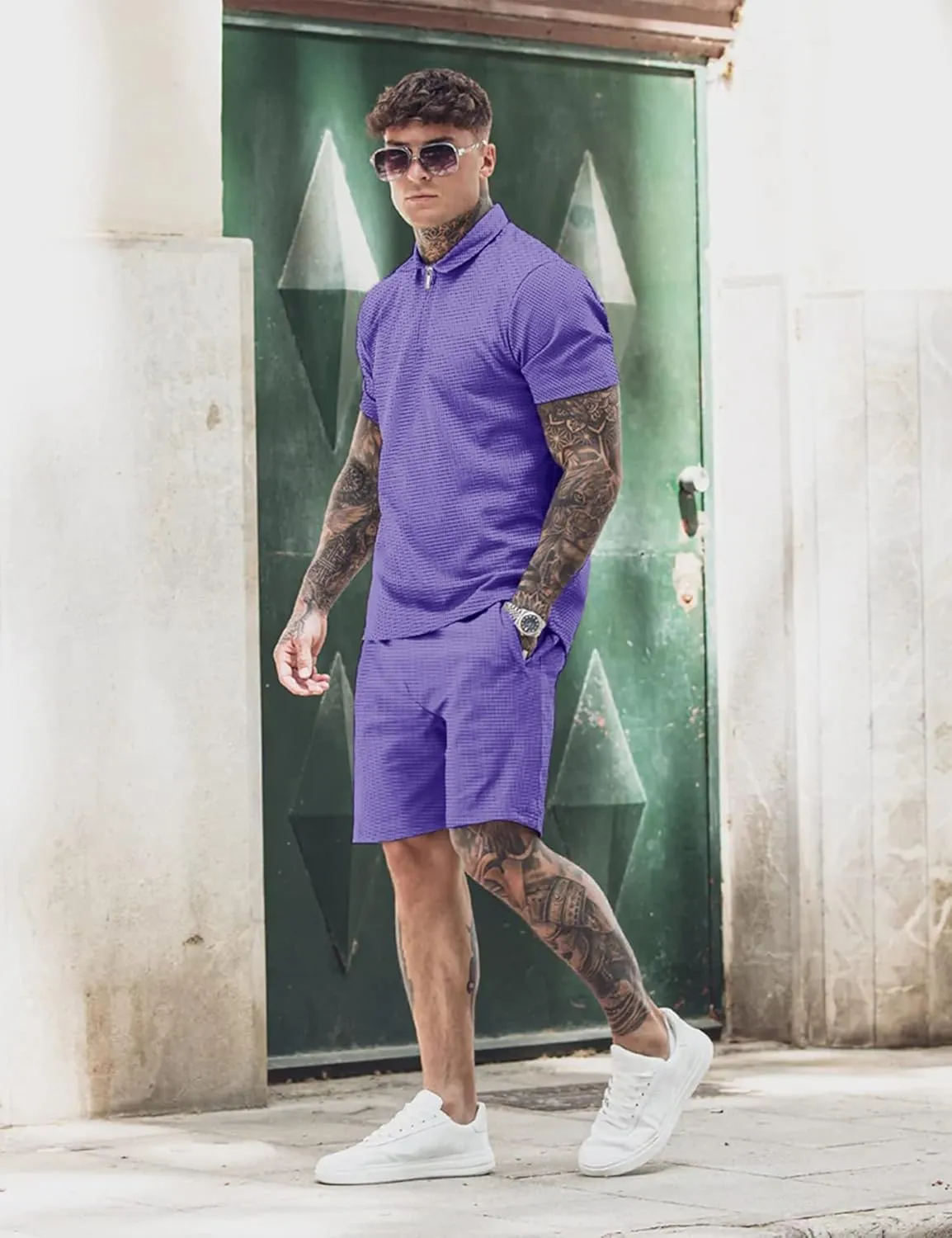 Babioboa Men's Short Sleeve Polo Shirt & Shorts set Summer Two Piece Outfits 3 Pockets zip Tracksuit Casual Athletic Sports