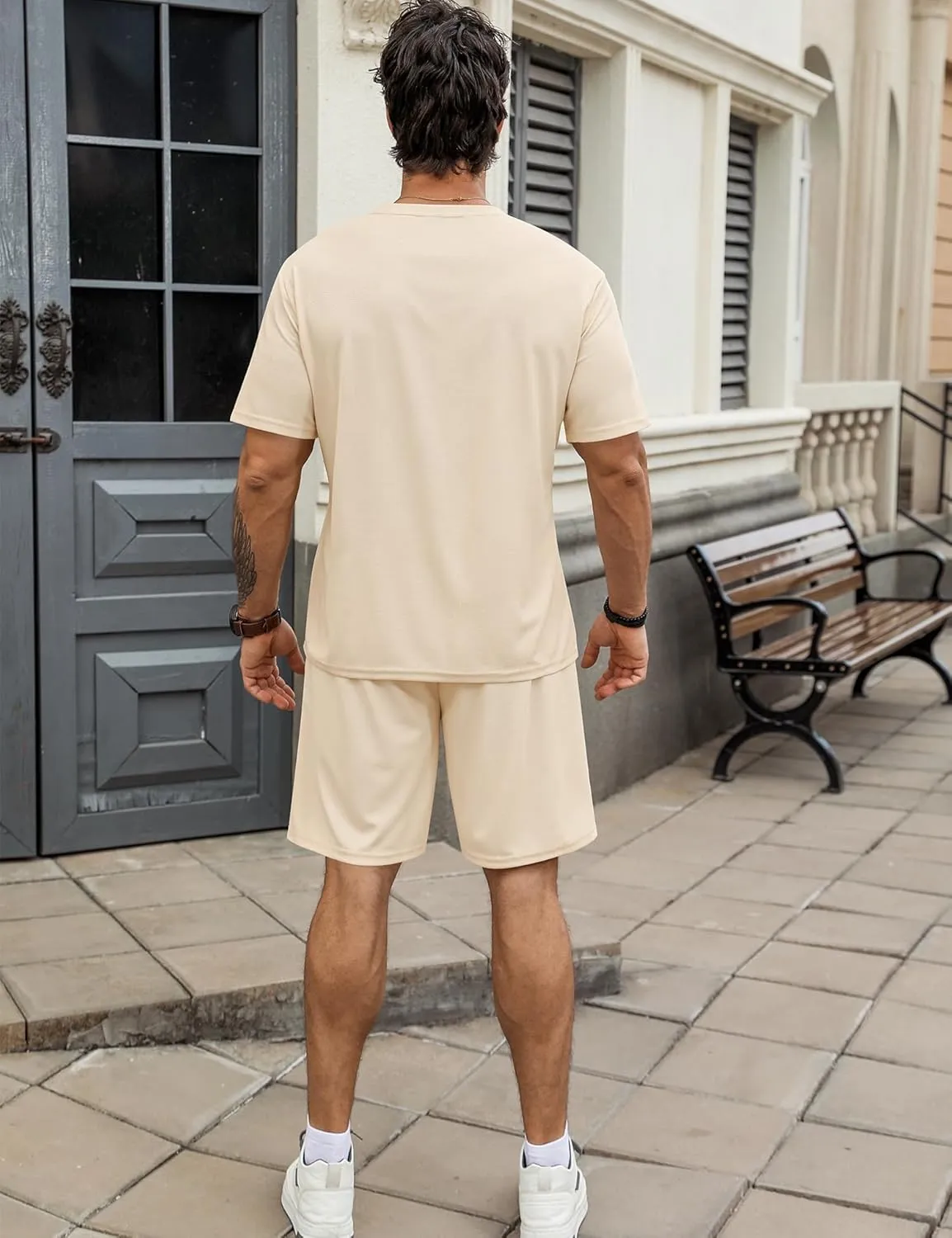 Babioboa Men's Short Sleeve Tracksuit Summer T Shirt & Shorts set Pocket Waffle Solid Two Piece Casual Daily Duty-off