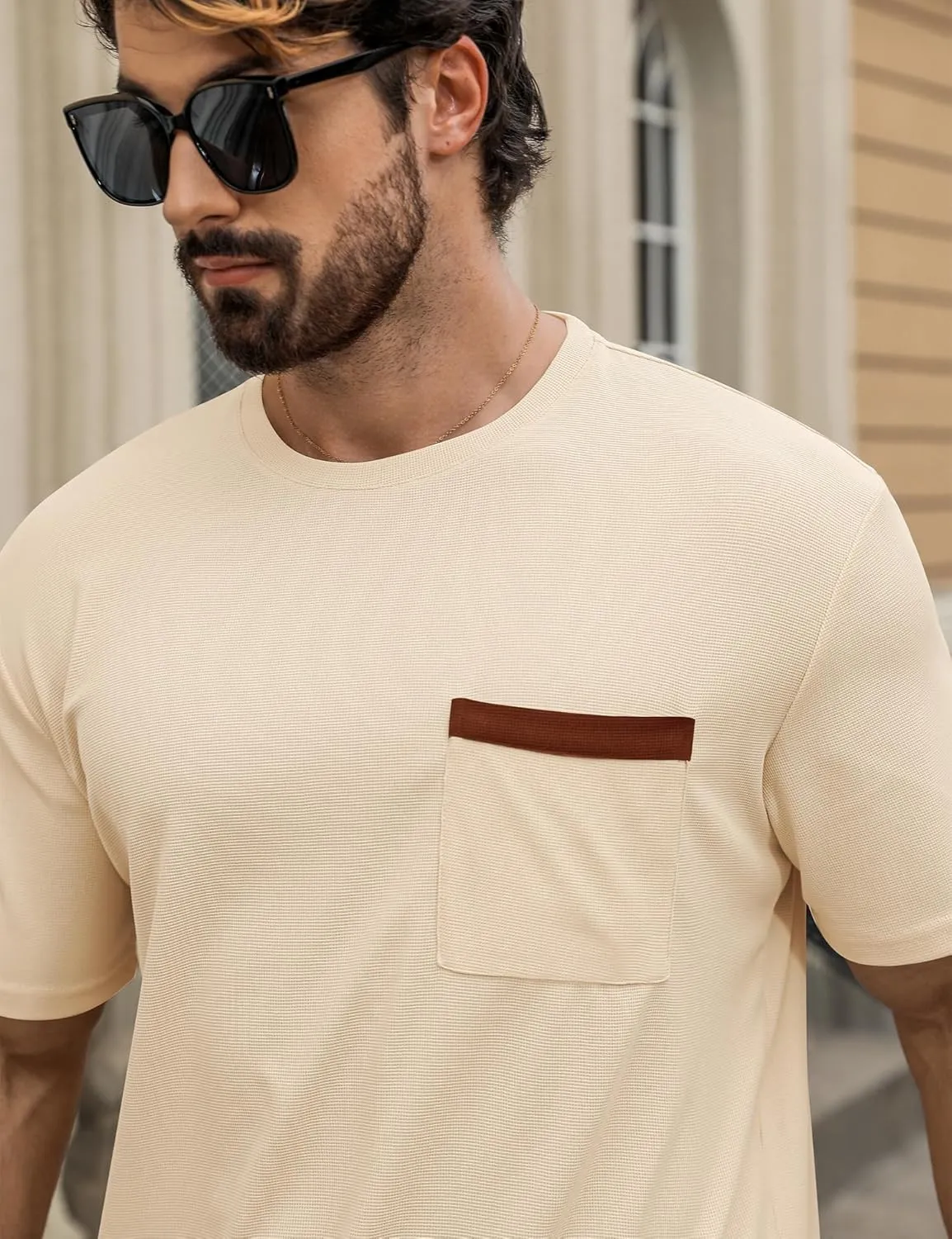 Babioboa Men's Short Sleeve Tracksuit Summer T Shirt & Shorts set Pocket Waffle Solid Two Piece Casual Daily Duty-off