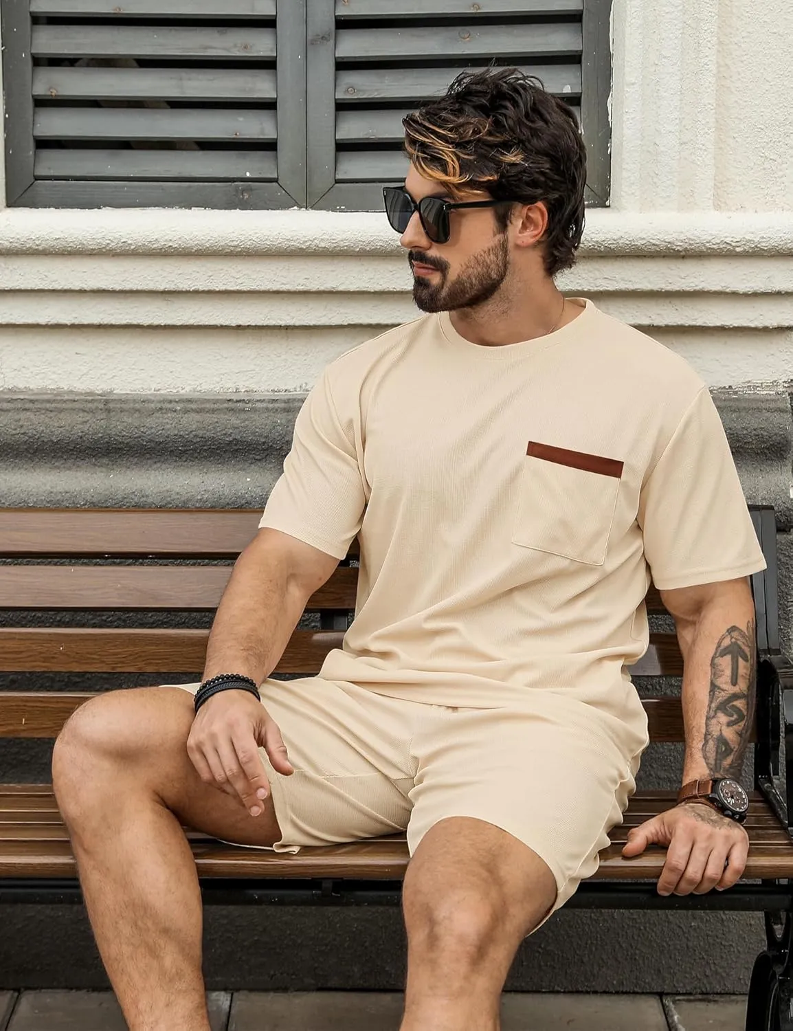 Babioboa Men's Short Sleeve Tracksuit Summer T Shirt & Shorts set Pocket Waffle Solid Two Piece Casual Daily Duty-off