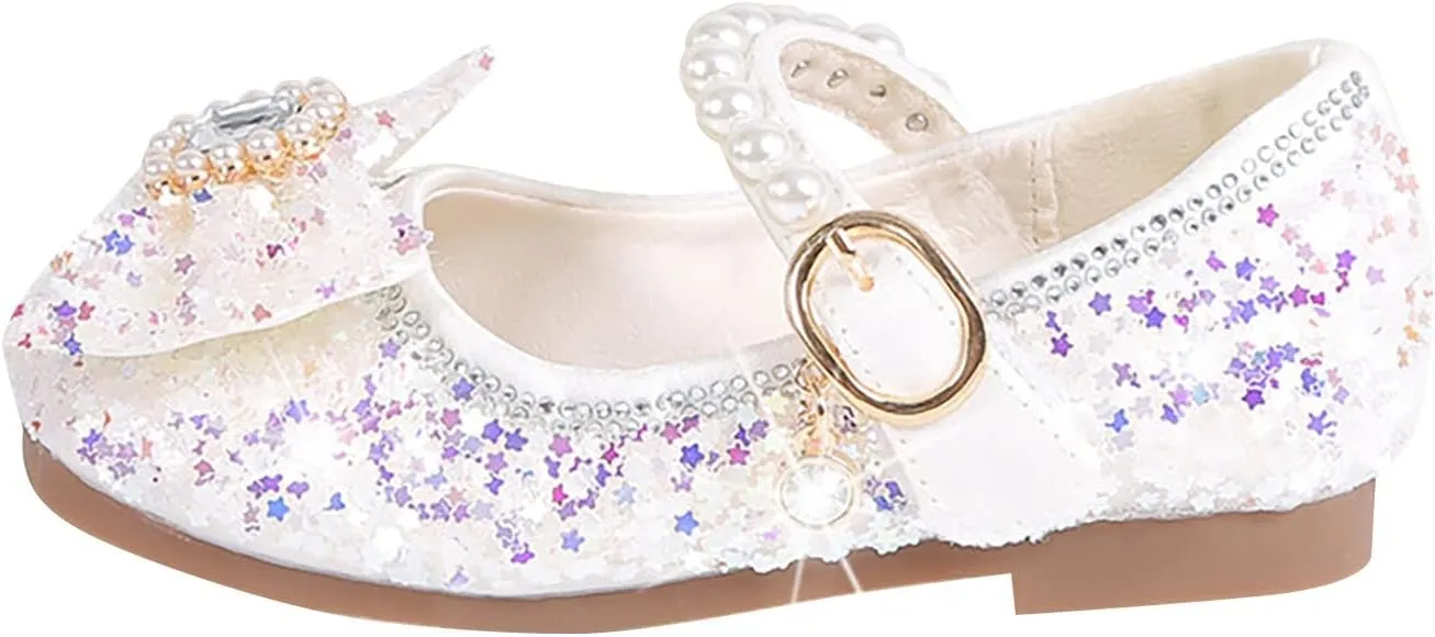 Baby Girls Bow Glitter Rubber Sole Dress Shoes Kids Dance Pearl High Heels Sandals Summer Non Slip Loafers