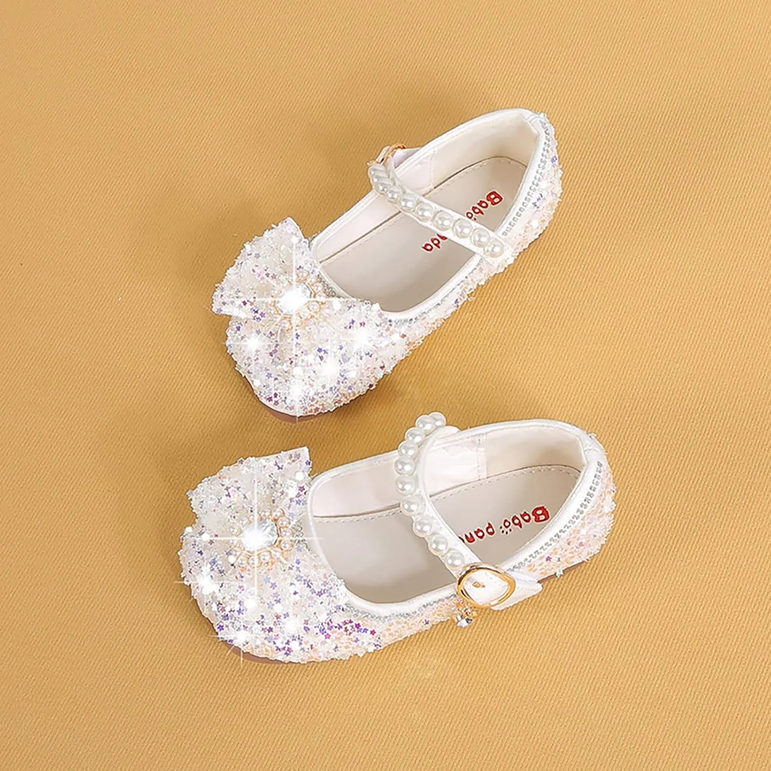 Baby Girls Bow Glitter Rubber Sole Dress Shoes Kids Dance Pearl High Heels Sandals Summer Non Slip Loafers