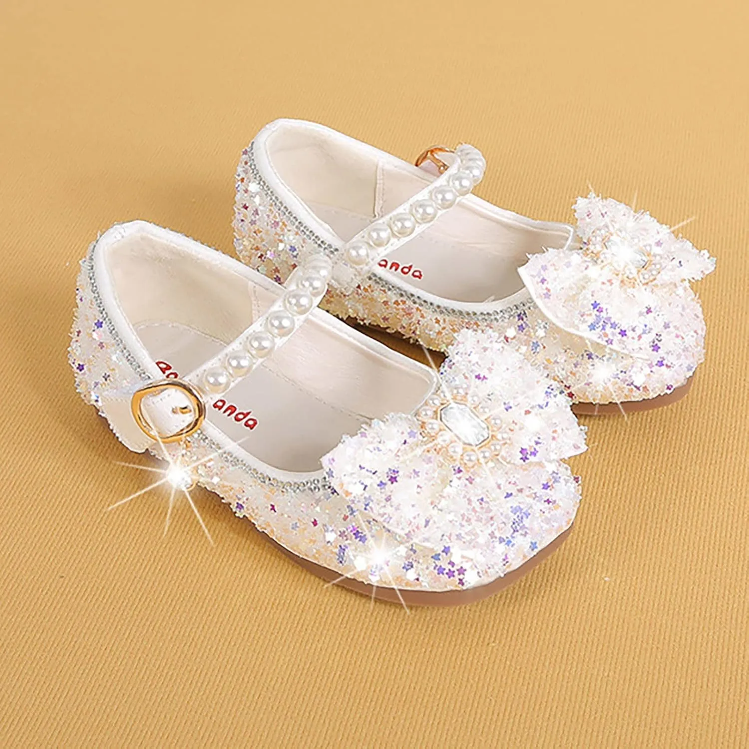 Baby Girls Bow Glitter Rubber Sole Dress Shoes Kids Dance Pearl High Heels Sandals Summer Non Slip Loafers