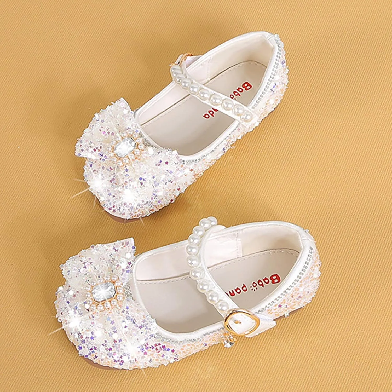 Baby Girls Bow Glitter Rubber Sole Dress Shoes Kids Dance Pearl High Heels Sandals Summer Non Slip Loafers
