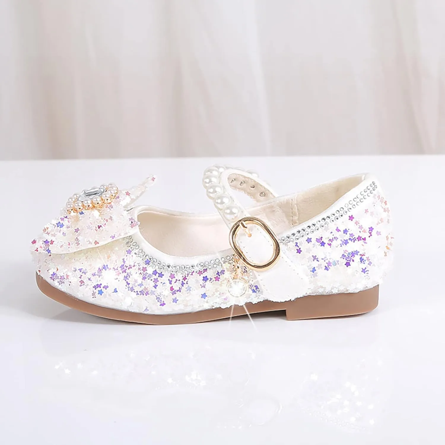 Baby Girls Bow Glitter Rubber Sole Dress Shoes Kids Dance Pearl High Heels Sandals Summer Non Slip Loafers