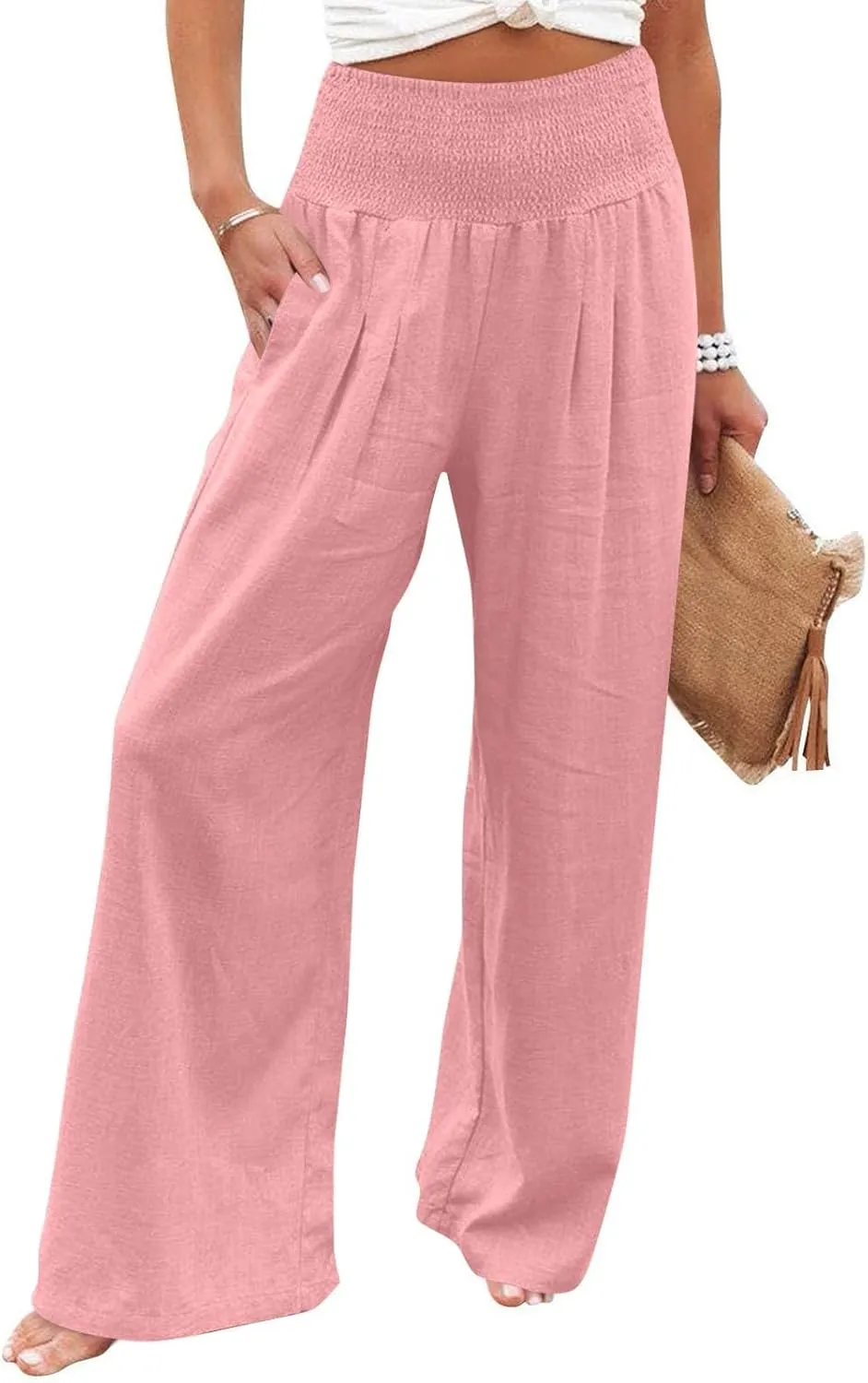 Baggy Linen Pants Women Summer High Waisted Wide Leg Palazzo Pants Smocked Pant Lounge Work Trousers with Pockets