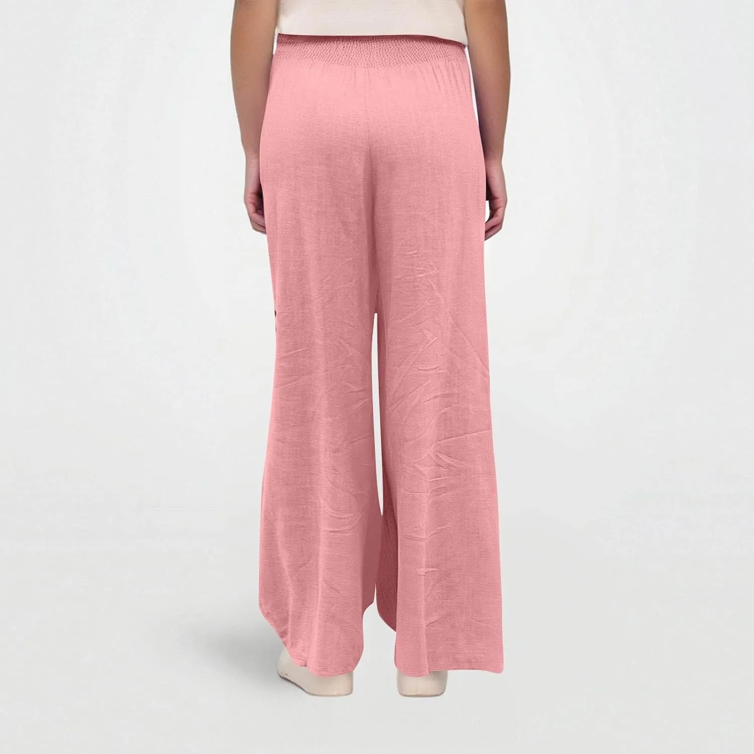 Baggy Linen Pants Women Summer High Waisted Wide Leg Palazzo Pants Smocked Pant Lounge Work Trousers with Pockets