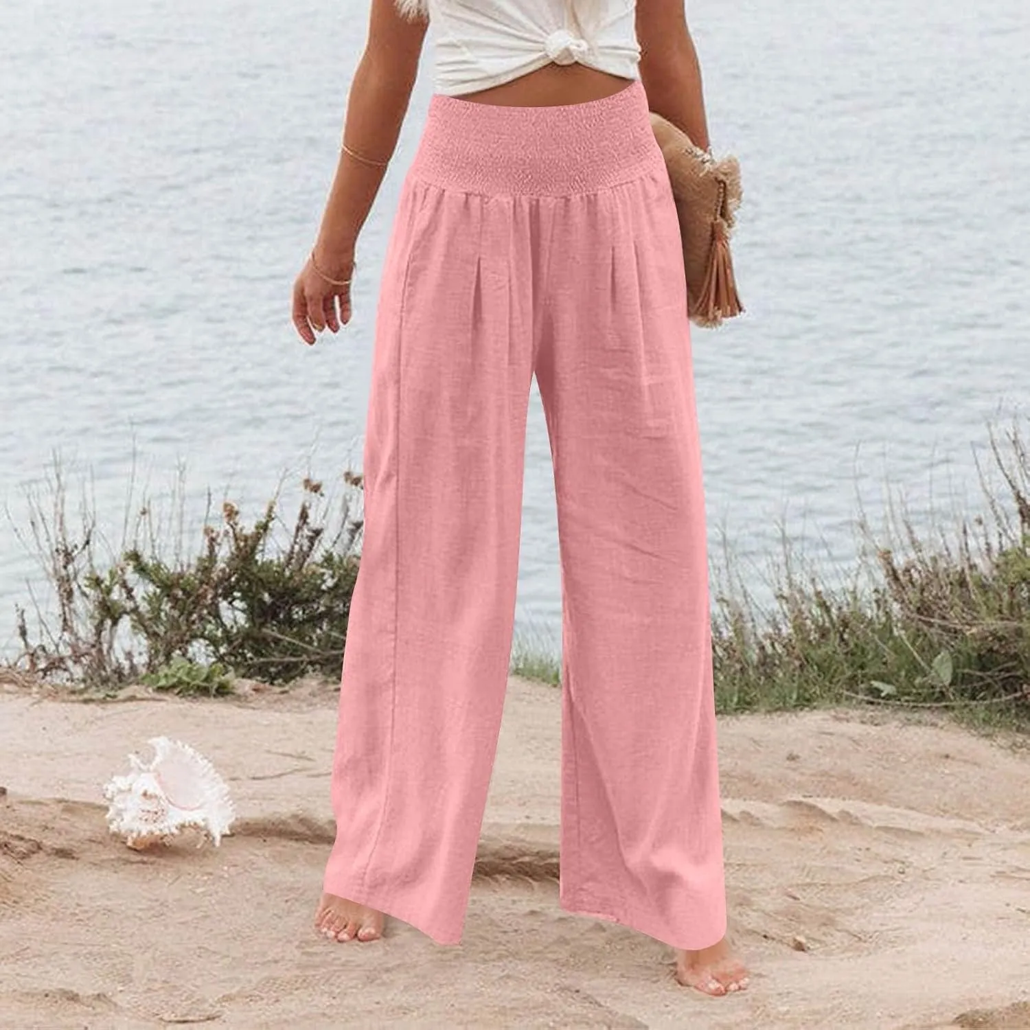 Baggy Linen Pants Women Summer High Waisted Wide Leg Palazzo Pants Smocked Pant Lounge Work Trousers with Pockets