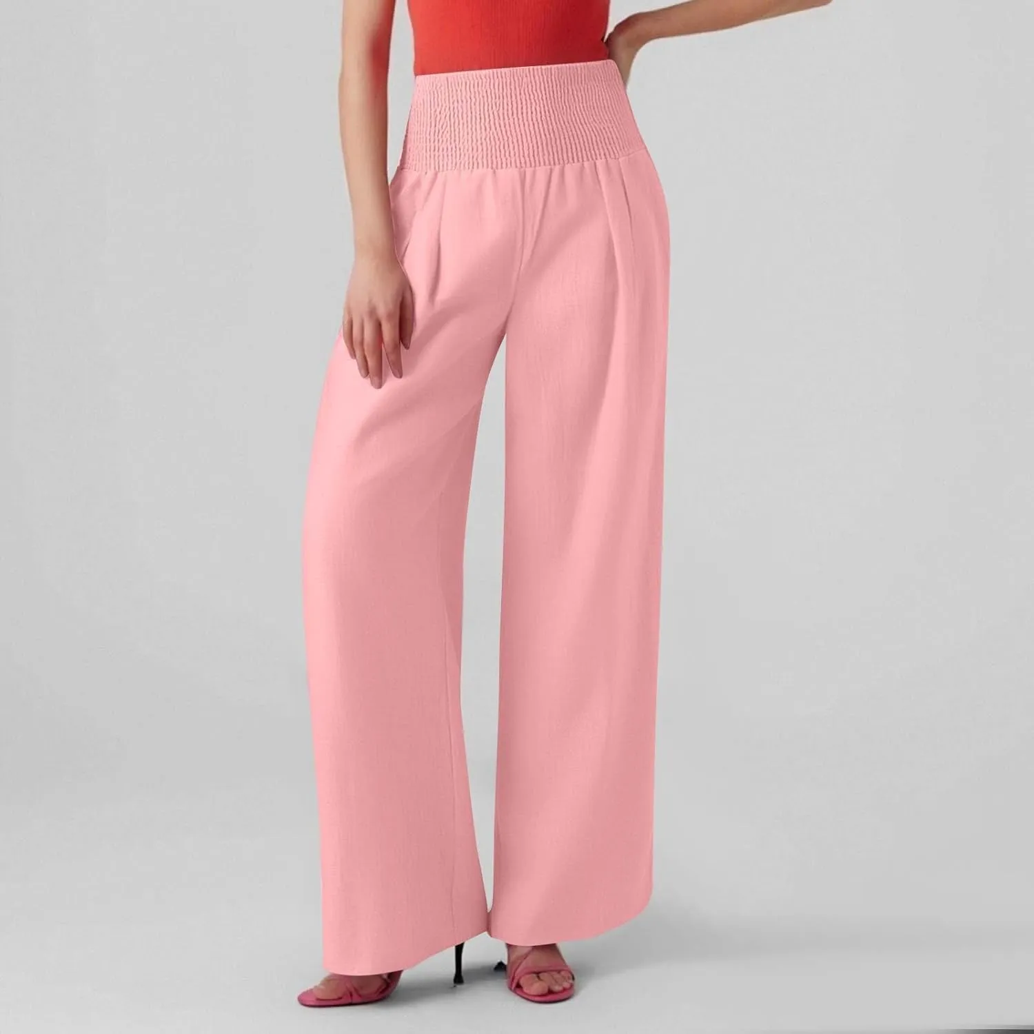 Baggy Linen Pants Women Summer High Waisted Wide Leg Palazzo Pants Smocked Pant Lounge Work Trousers with Pockets