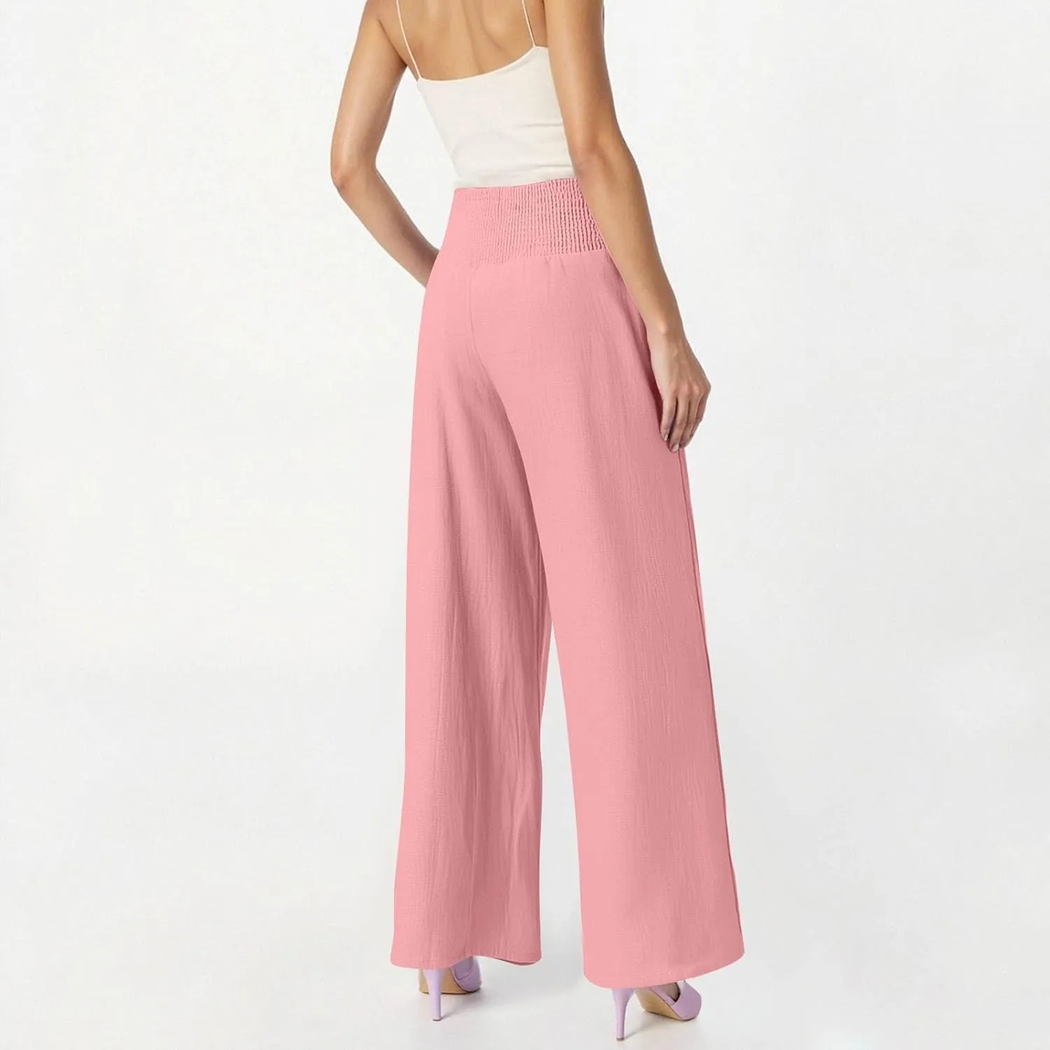 Baggy Linen Pants Women Summer High Waisted Wide Leg Palazzo Pants Smocked Pant Lounge Work Trousers with Pockets