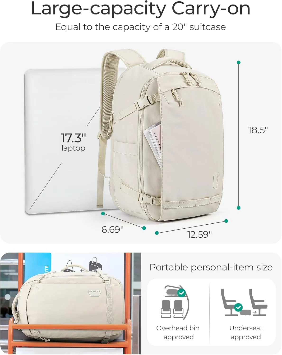 BAGSMART Travel Backpack for Women, 30L Travel Backpack Carry On Flight Approved, TSA Approved Personal Item Travel Bag, Water Resistant Weekender Bag Luggage Daypack, Beige