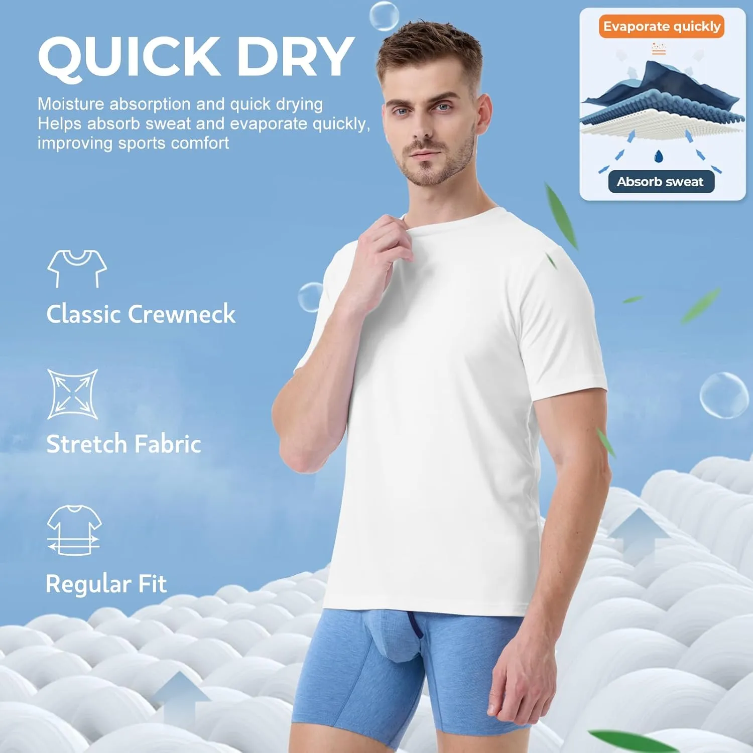 BAMBOO COOL Mens Undershirts Slim Fit V-Neck/Crewneck, Moisture-Wicking T-Shirts Soft Stretch White Tees for Men, 3 Pack