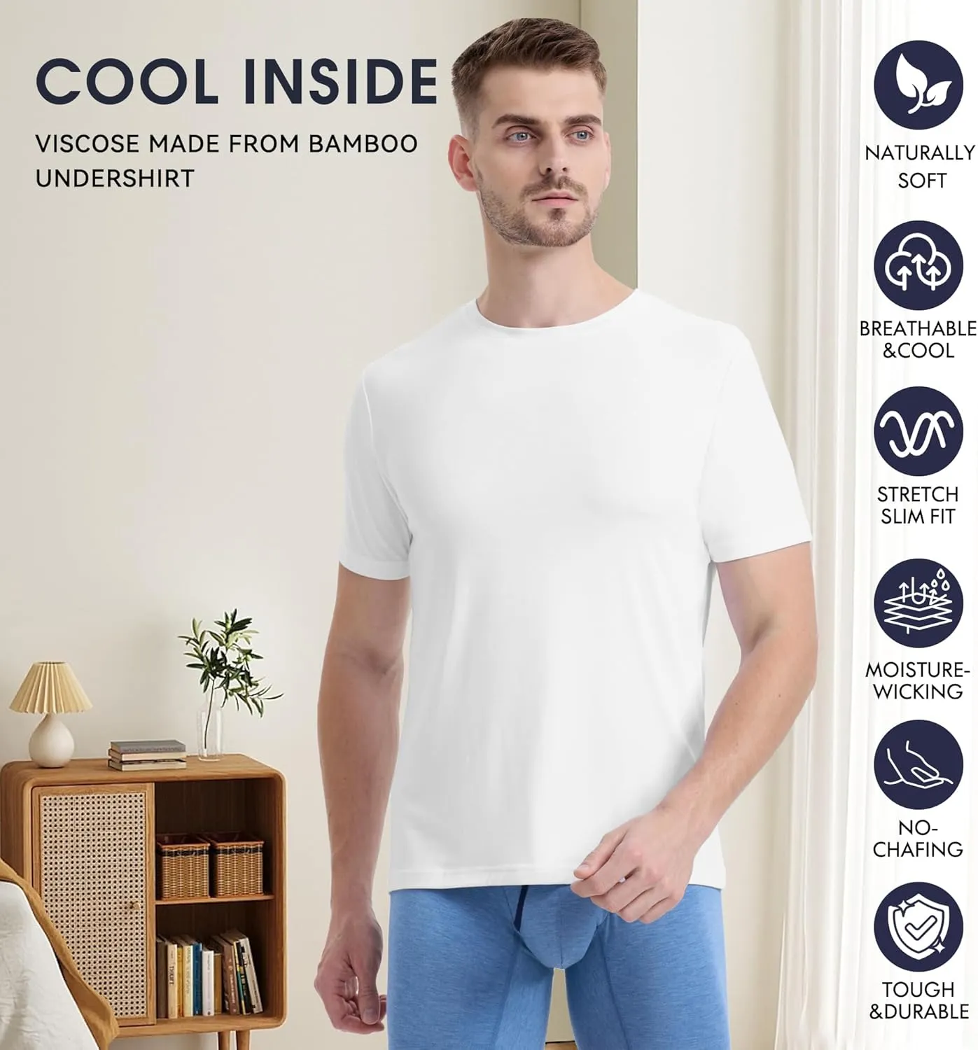 BAMBOO COOL Mens Undershirts Slim Fit V-Neck/Crewneck, Moisture-Wicking T-Shirts Soft Stretch White Tees for Men, 3 Pack