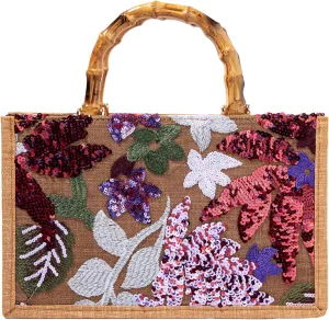 Bamboo Handle Sequin Embroidered Bag Floral Clutch Evening Handbag for Wedding Party