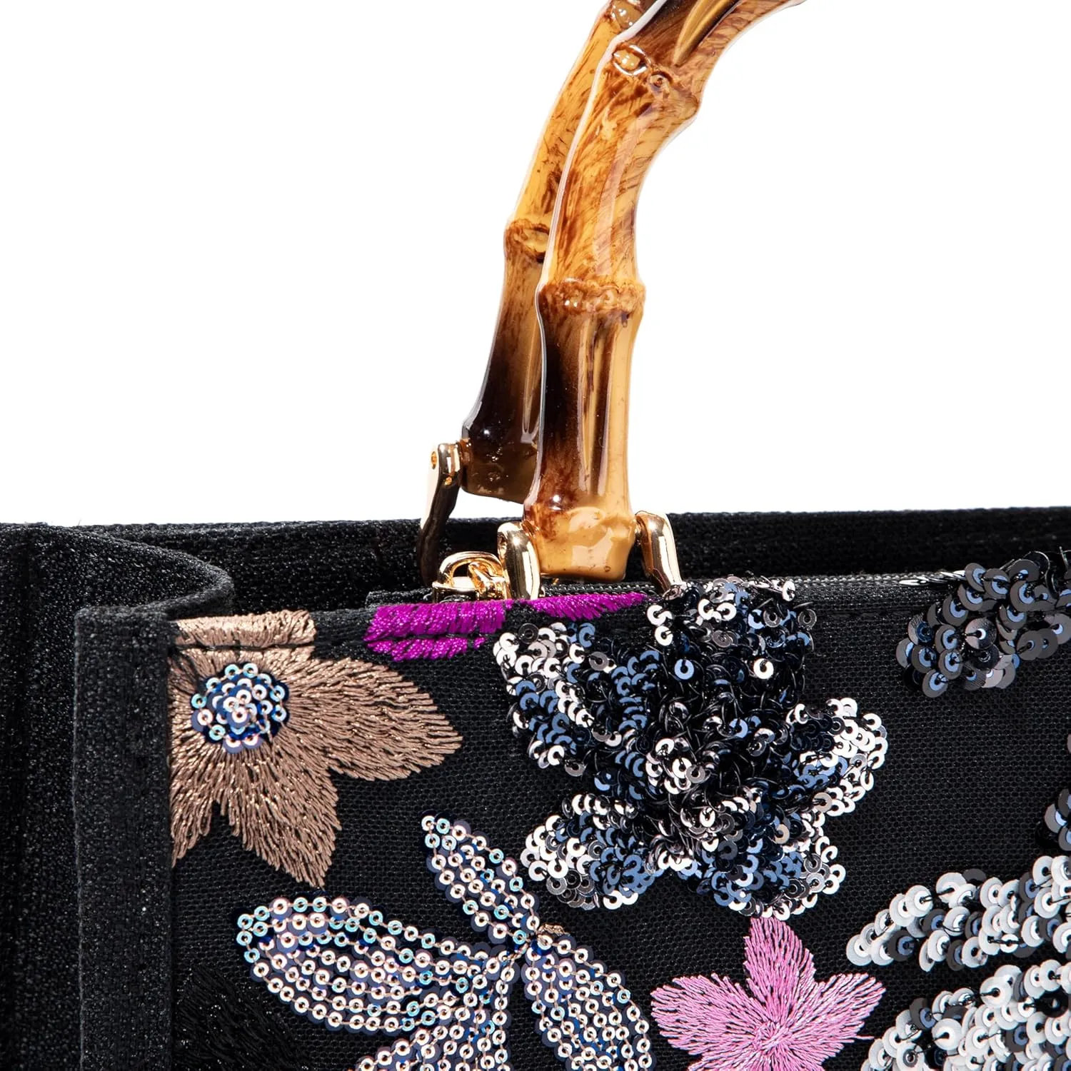 Bamboo Handle Sequin Embroidered Bag Floral Clutch Evening Handbag for Wedding Party