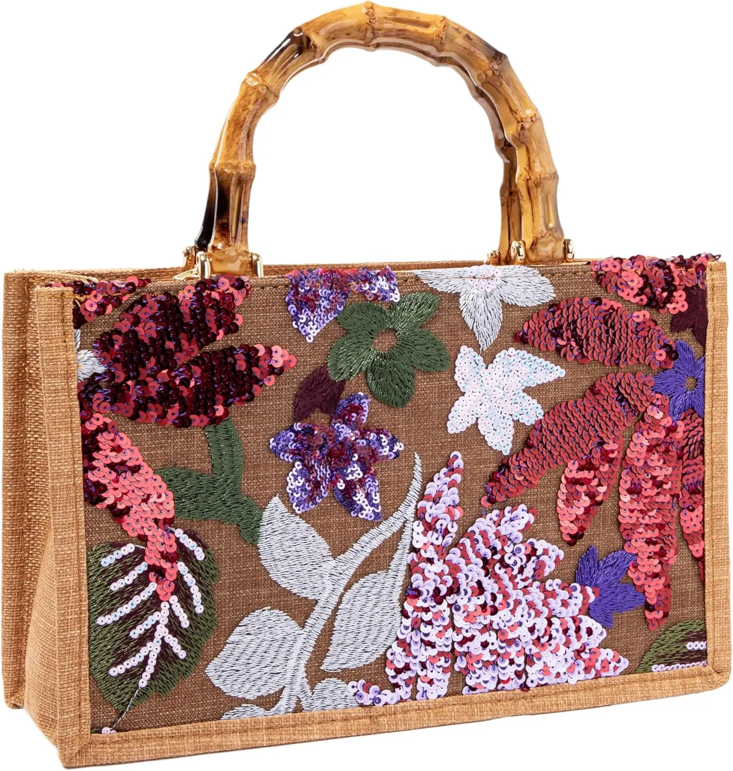 Bamboo Handle Sequin Embroidered Bag Floral Clutch Evening Handbag for Wedding Party