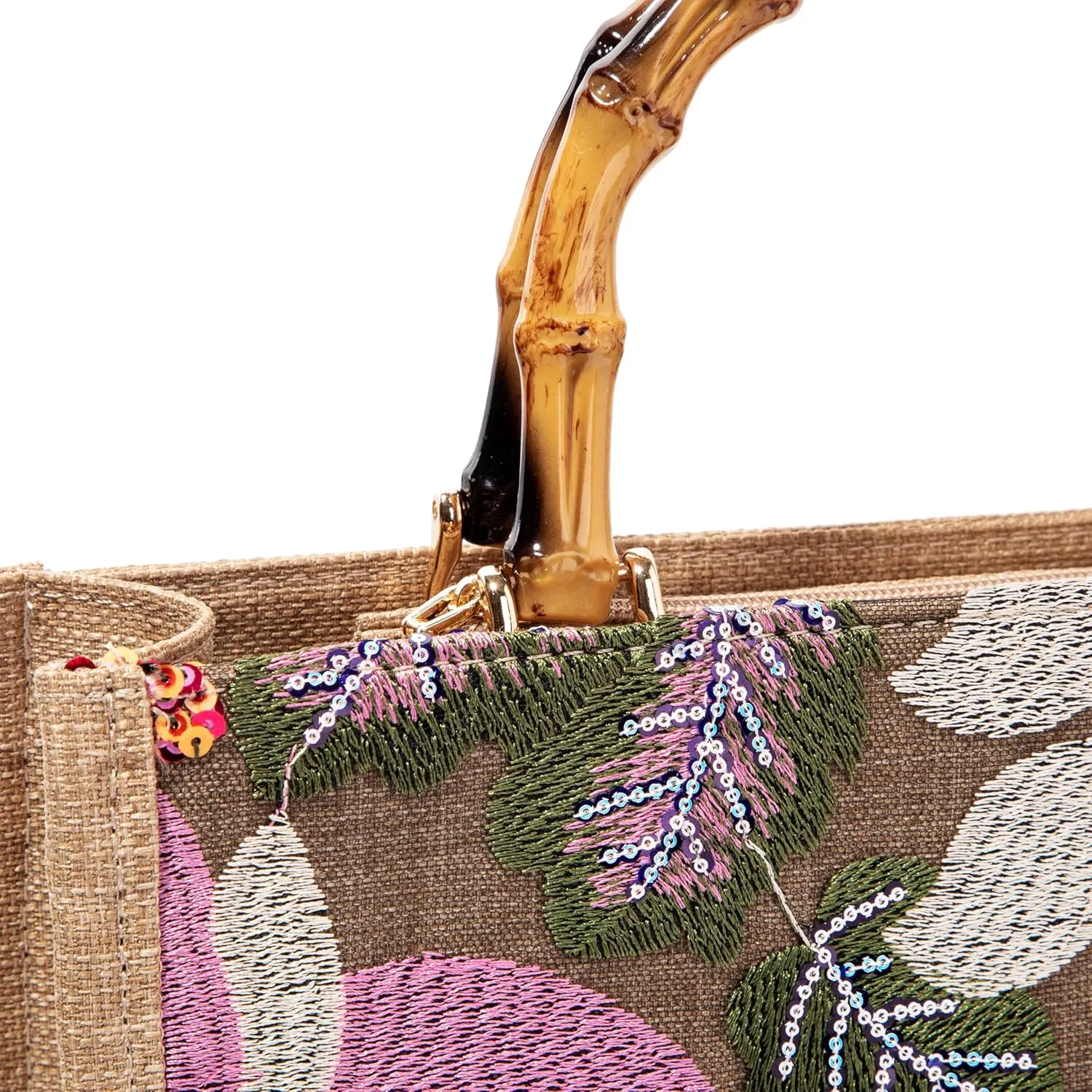 Bamboo Handle Sequin Embroidered Bag Floral Clutch Evening Handbag for Wedding Party