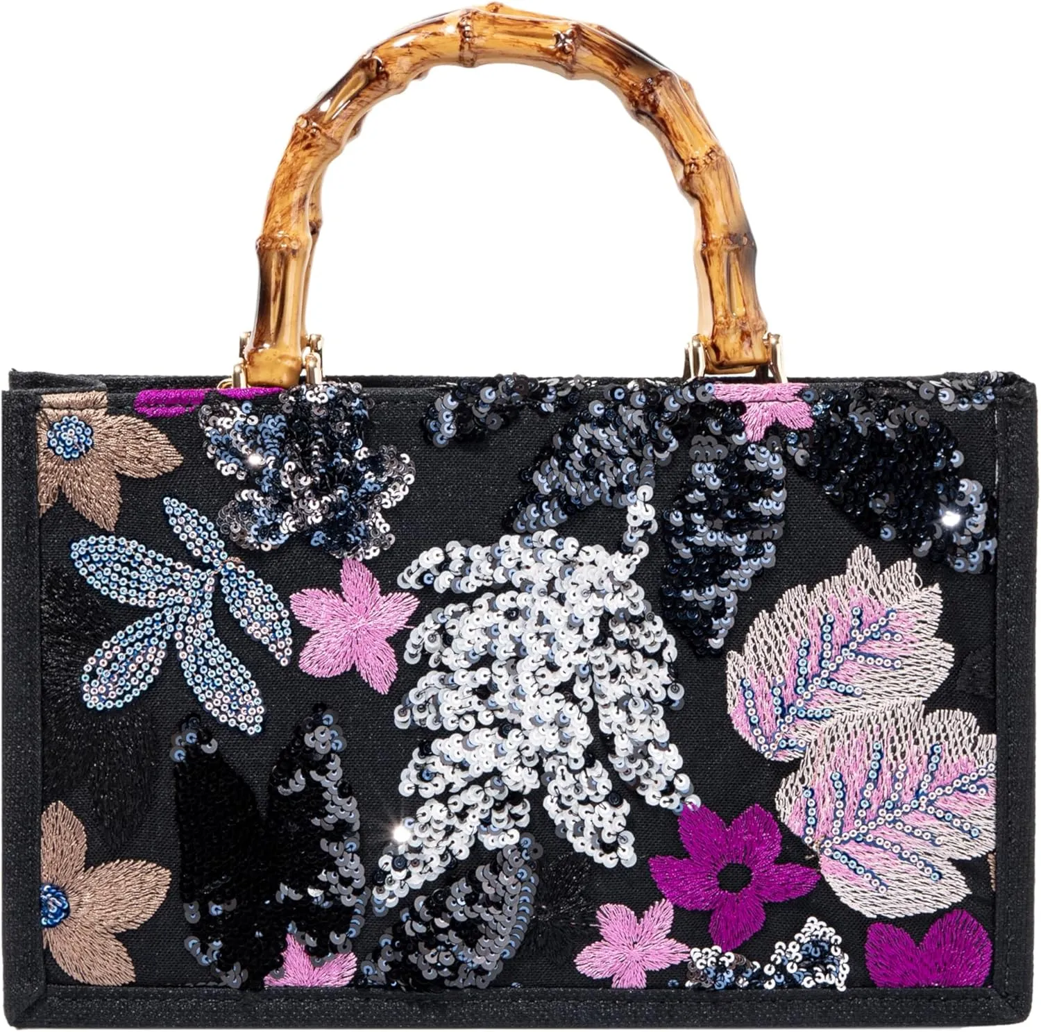 Bamboo Handle Sequin Embroidered Bag Floral Clutch Evening Handbag for Wedding Party