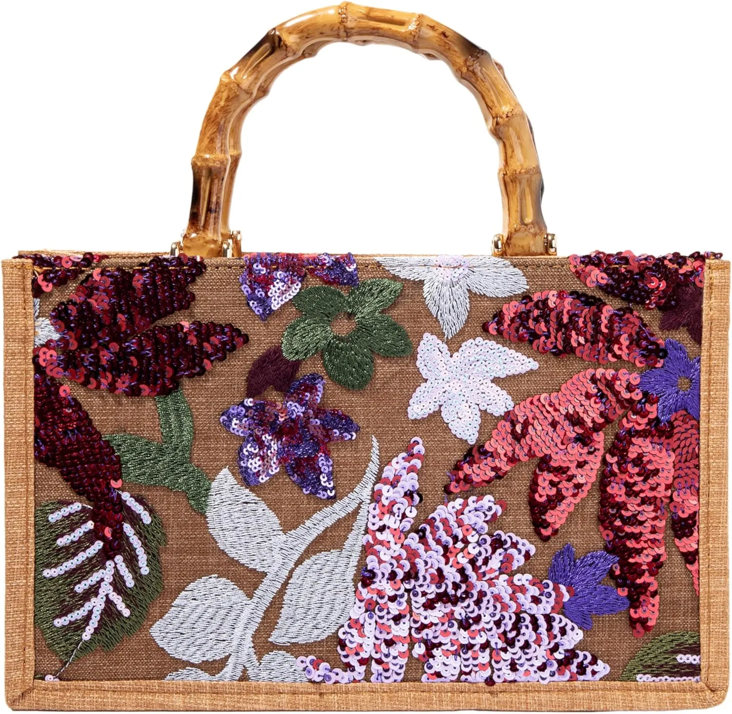 Bamboo Handle Sequin Embroidered Bag Floral Clutch Evening Handbag for Wedding Party