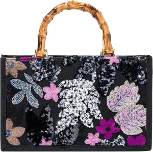Bamboo Handle Sequin Embroidered Bag Floral Clutch Evening Handbag for Wedding Party