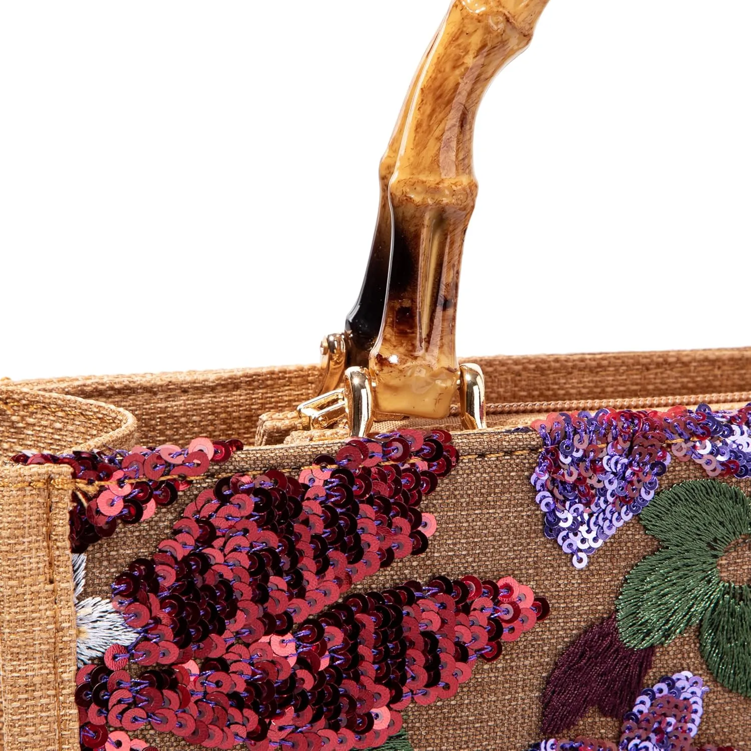 Bamboo Handle Sequin Embroidered Bag Floral Clutch Evening Handbag for Wedding Party