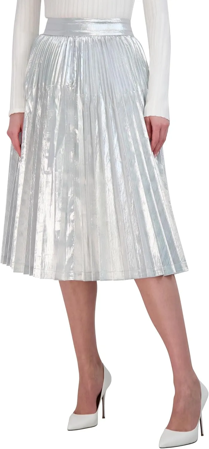 BCBGMAXAZRIA Women's Lame Pleated a Line Midi Skirt