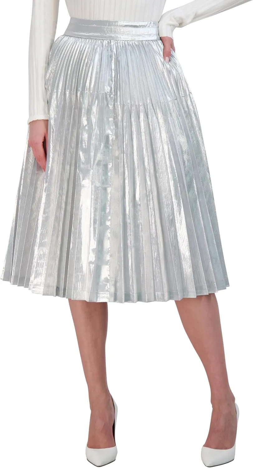 BCBGMAXAZRIA Women's Lame Pleated a Line Midi Skirt