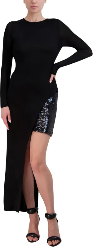BCBGMAXAZRIA Women's Long Sleeve Crew Neck Peekaboo Skirt Maxi Dress
