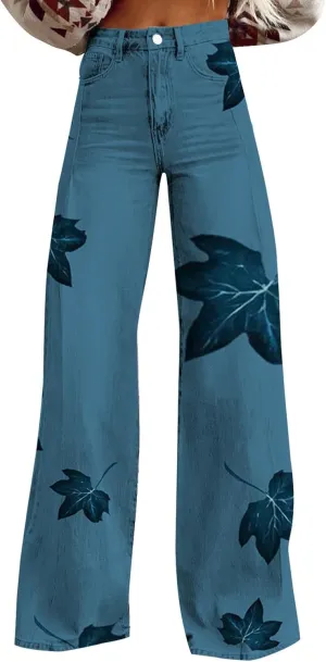 Bell Bottom Jeans for Women,High Waisted Loose Flared Jeans Vintage Floral Print Wide Leg Pants Colorful Trouser